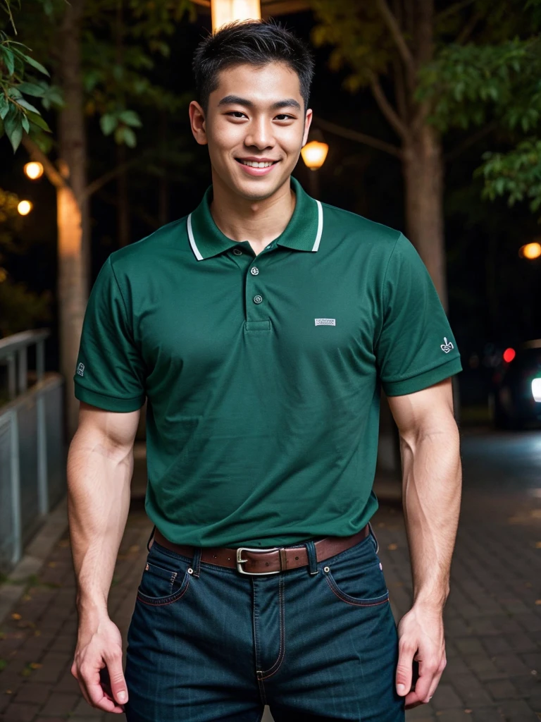 (best quality, 4K, 8K, high resolution, Masterpiece: 1.2), Special details, (realistically, As realistic as a photo, photo realistic: 1.37), Edge lighting, Extra detailed coloring, sharp focus, Physical rendering ,Extremely detailed description,professional,light color,Bokeh,Portrait,look at the viewer,
Young Asian man, 20 years old ,(Wear a dark green polo shirt.), smile