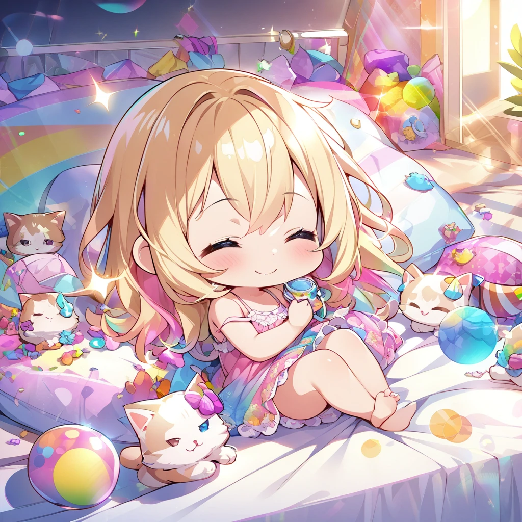 masterpiece, best quality, 4k、2D illustration、one beautiful girl、solo、(((chibi style)))、((vivid colors))、cute chibi、lovely chibi、long beautiful hair, glossy light blonde hair, hair between eyes, cute、closed eyes、((camisole dress)), ((miniskirt))、((colorful))、((smile))、sleeping in bed、((full body shot))、((kitten)), ((lots of colorful stuff around))、((bed))、sparkle、((lens flare))、