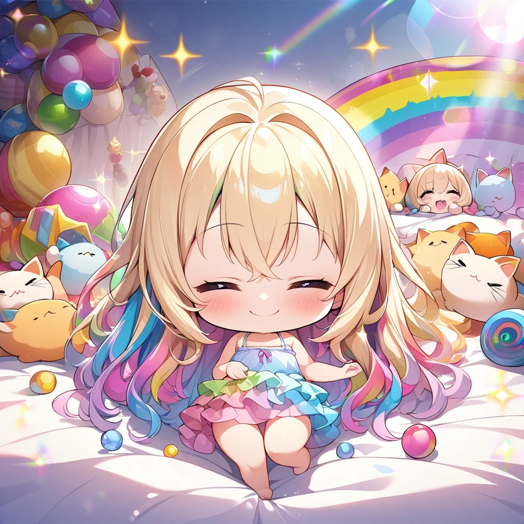 masterpiece, best quality, 4k、2D illustration、one beautiful girl、solo、(((chibi style)))、((vivid colors))、cute chibi、lovely chibi、long beautiful hair, glossy light blonde hair, hair between eyes, cute、closed eyes、((camisole dress)), ((miniskirt))、((colorful))、((smile))、sleeping in bed、((full body shot))、((kitten)), ((lots of colorful stuff around))、((bed))、sparkle、((lens flare))、