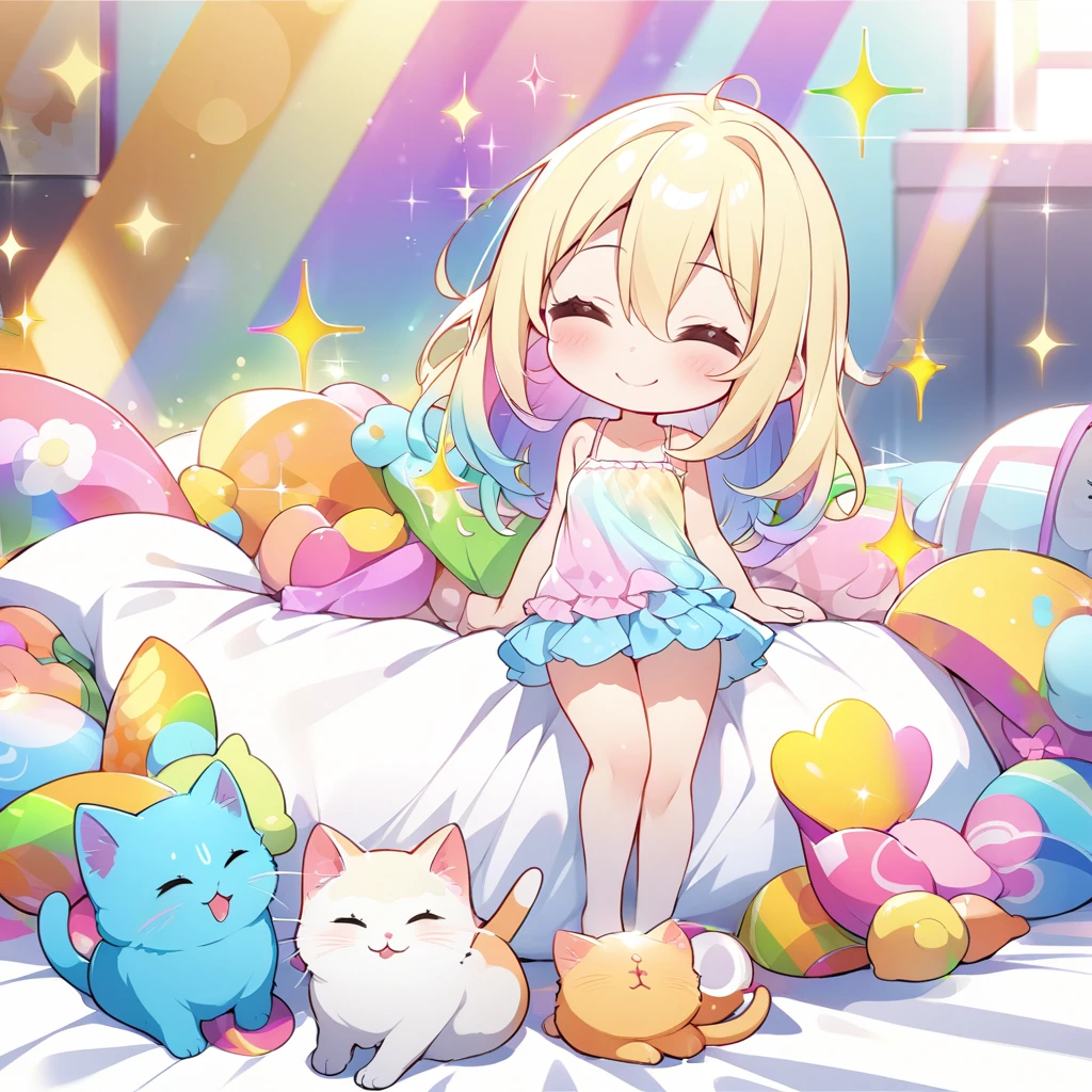 masterpiece, best quality, 4k、2D illustration、one beautiful girl、solo、(((chibi style)))、((vivid colors))、cute chibi、lovely chibi、long beautiful hair, glossy light blonde hair, hair between eyes, cute、closed eyes、((camisole dress)), ((miniskirt))、((colorful))、((smile))、sleeping in bed、((full body shot))、((kitten)), ((lots of colorful stuff around))、((bed))、sparkle、((lens flare))、