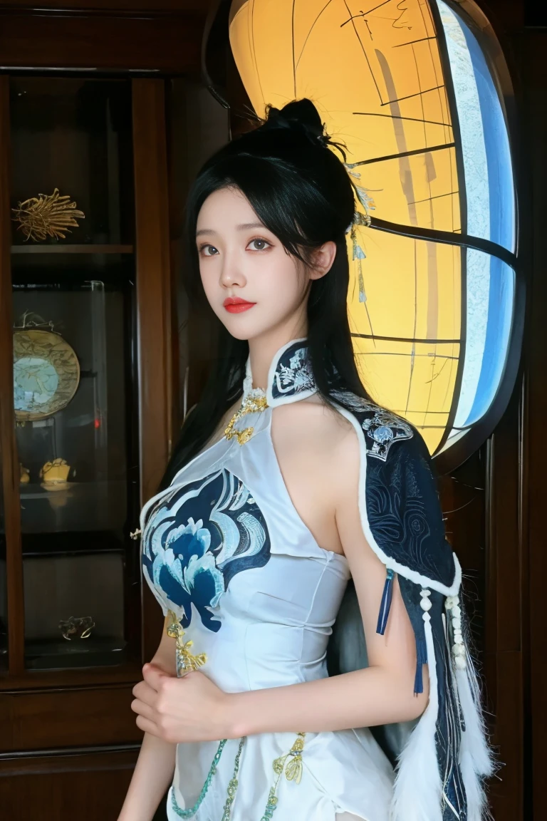 best quality, tmasterpiece,Ultra-high resolution,Clear face,（Reality：1.4），ferpect lighting，(upper body), (photorealistic:1.50), anime wallpaper, Guviz style artwork, cover-up fantasy up to magic , by Yang J, Guviz, beautiful artwork illustration, beautiful digital artwork, beautiful digital illustration, Li Song, beautiful anime portrait, art style in Beauvot, 1girl, 独奏,cosplay, looking at the audience, 
long hair, black hair, hair bun, blue eyes, Chinese dress, 
indoor, grassland, park, (standing:1.5), night sky, looking at viwer,
