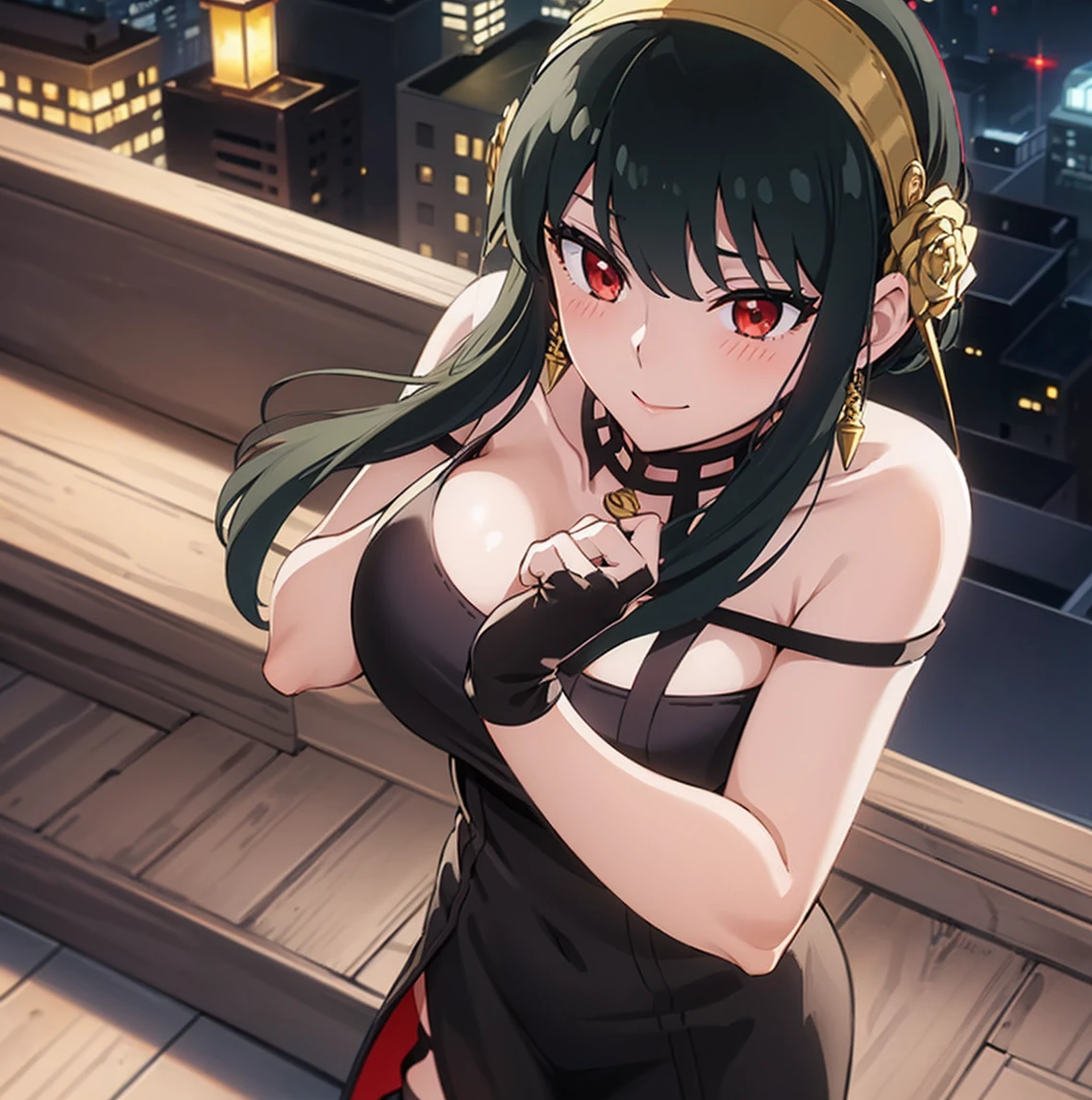 ((1girl)),((alone)),Yor forger,(masterpiece), (best quality), (ultra detailed), (best illustration), (best shadow), (absurdities), sharp focus, cowboy photo , mature woman, looking at viewer, big breasts, narrow waist, wide hips, wide thighs, round butt, dynamic posture, white headband, red eyes, black hair, short hair, hair with two long strands, gold earrings, jewelry, shoulders bare, collarbone, (golden headband, hair ornament, red eyes, short black hair, long locks, gold earring, choker, bare shoulders, black dress, tight dress, two-sided dress, black gloves, fingerless gloves, boots black, thigh-high boots, seductive smile, closed mouth, (sexy pose: 1.2), alone, standing: 1.3, on top of an apartment, leaning on a railing, city view, city lights, looking forward, ((focus on breasts)), pov (from above), red blush, perfect anatomy, perfect hands