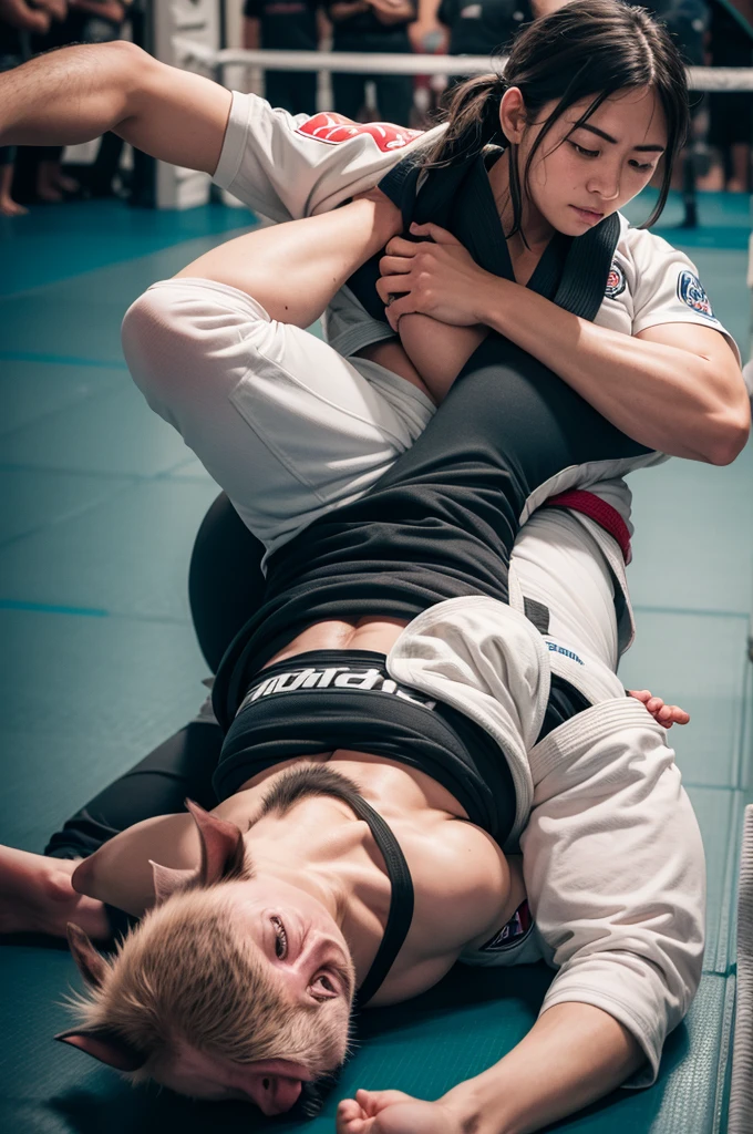 A jiu-jitsu fighter immobilizing a large pig