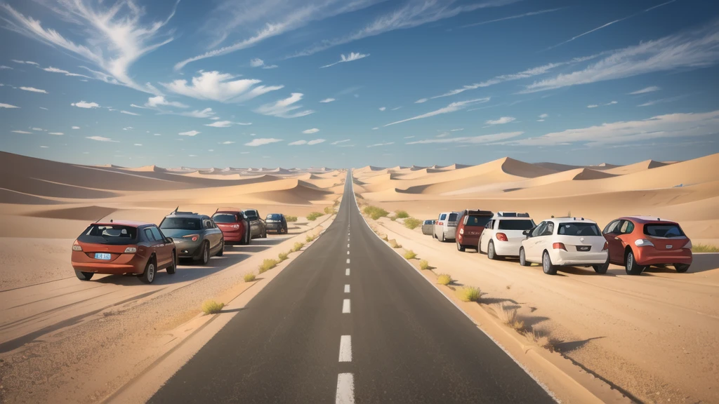 (desert :1.2),road ,(รถวิ่งบนroad:1.2) landscape:1.5 ,(Many cars:1.2)
