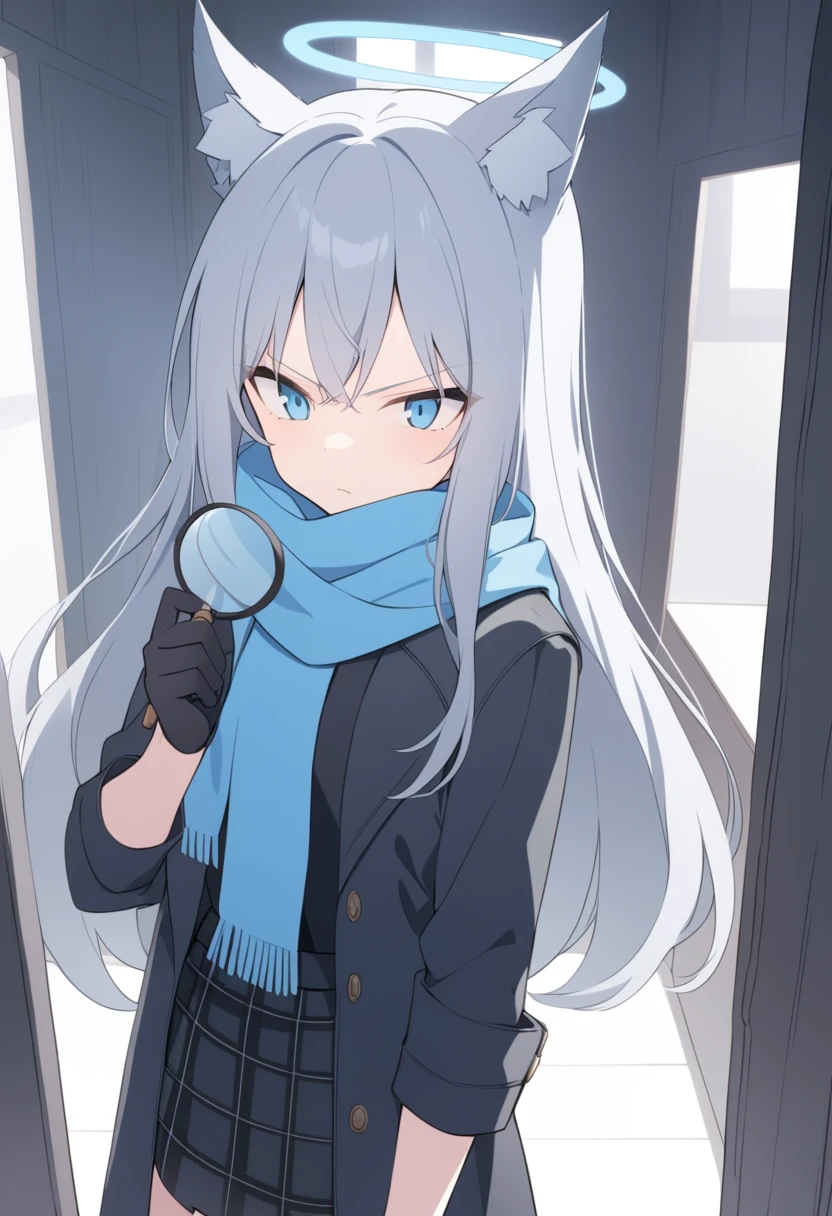 girl,Silver long hair, blue eyes, Wearing a black trench coat,A sky blue scarf, Black gloves, And black plaid skirt, In an empty house,Serious expression, blue halo,Black top hat,Gray wolf ears,Handheld magnifying glass observation