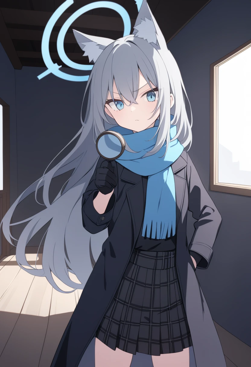 girl，Silver long hair, blue eyes, Wearing a black trench coat,A sky blue scarf, Black gloves, And black plaid skirt, In an empty house，Serious expression, blue halo，Black top hat，Gray wolf ears，Handheld magnifying glass observation