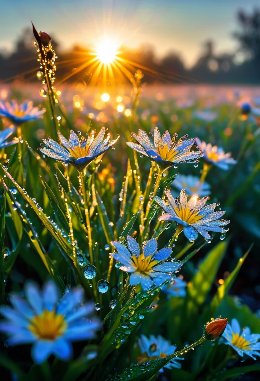 The first rays of sunlight in the morning，Dew on flowers，(sunrise)，Beautiful picture，HD Wallpapers