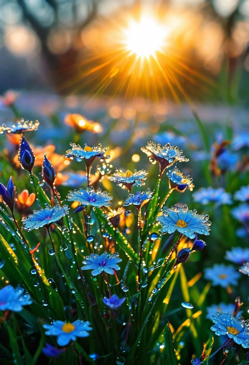 The first rays of sunlight in the morning,Dew on flowers,(sunrise),Beautiful picture,HD Wallpapers