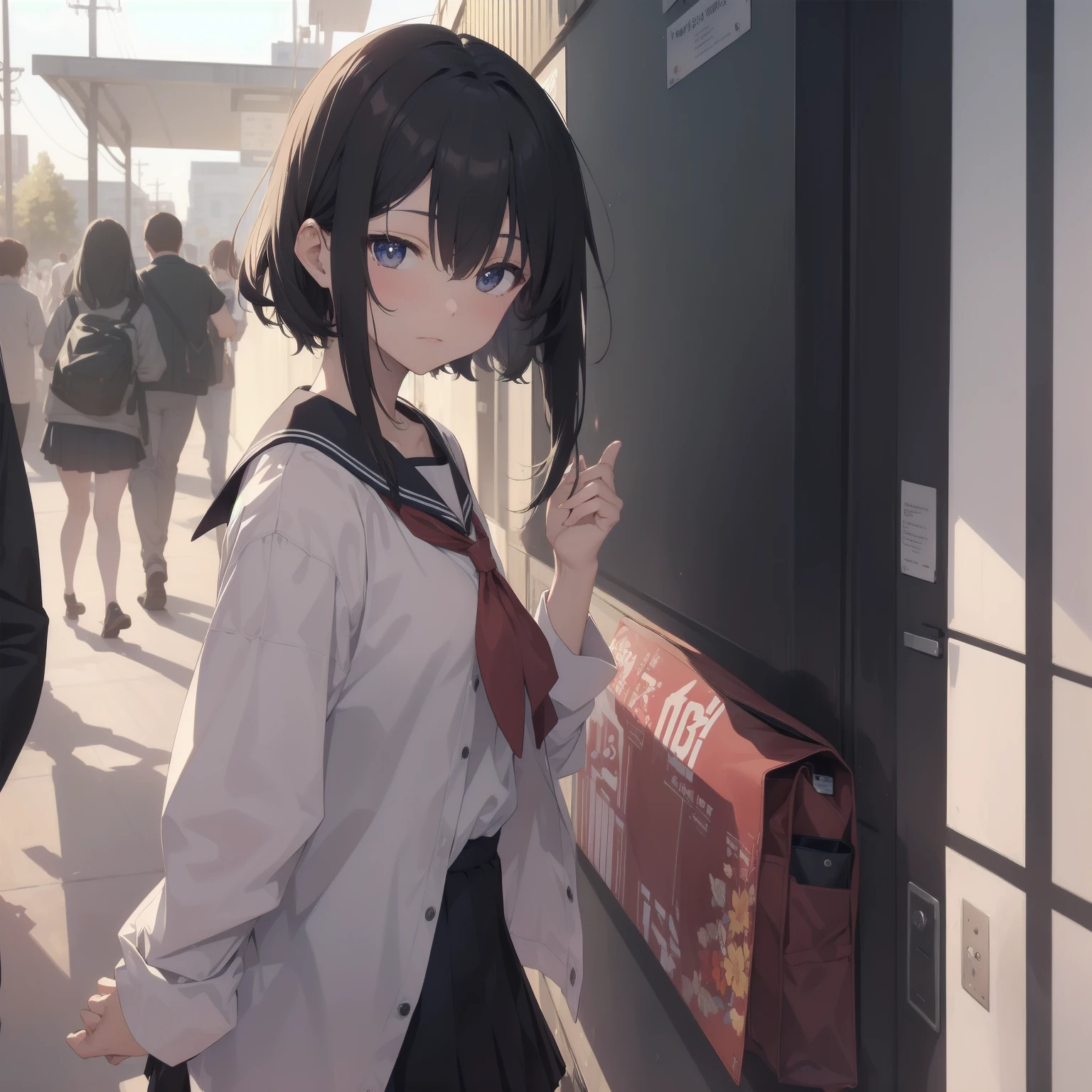 ultra-absurdres-Top quality by artist God, ultra-detailed, high resolution, anime moe artstyle, best anime 8k konachan wallpaper, pixiv contest winner, pool:2810, perfect anatomy,break, 1girl, (Please draw a girl walking sleepily to school alone. )break,(Solo,little female, 13-year-old:1.3),Full limbs, complete fingers,a junior high school student, (very short hair), short cut, flat chest, , small butt, small black eyes, beautiful detailed eyes, well-proportioned iris and pupils, expressive eyes, highres detailed hair, soft expression, salor school_uniform, sailor collar, serahuku, bow, pleated skirt,(Detailed Lighting), (Detailed background), in the School commute route. break,super detailed skin, Best cinematic lighting powered by famous artist, 8k,beauty illustration,photoshop_(medium),very aesthetic,break,((artist:mizuki_makoto )), artist:clamp ,artist:carnelian ,artist:kantoku ,
