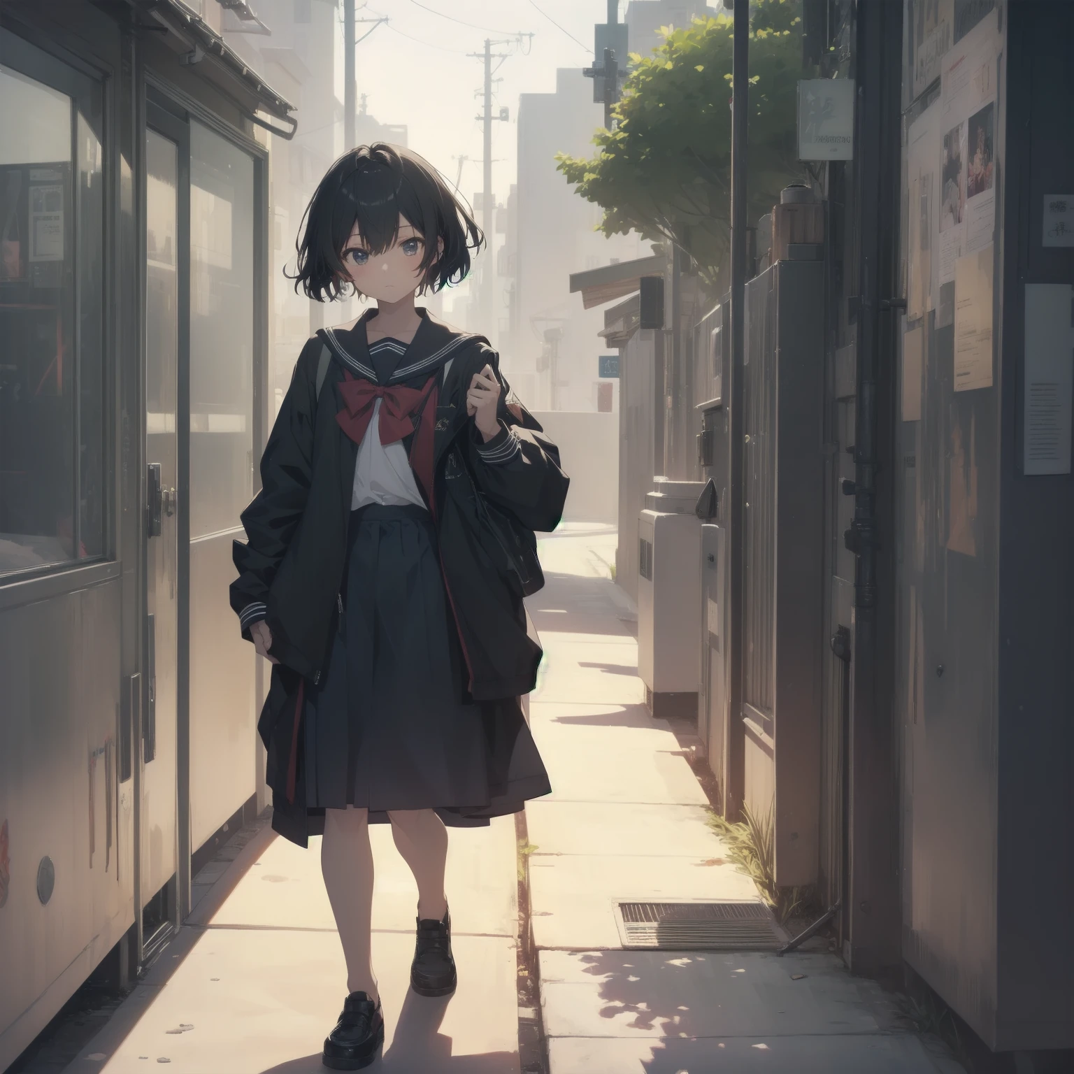 ultra-absurdres-Top quality by artist God, ultra-detailed, high resolution, anime moe artstyle, best anime 8k konachan wallpaper, pixiv contest winner, pool:2810, perfect anatomy,break, 1girl, (Please draw a girl walking sleepily to school alone. )break,(Solo,little female, 13-year-old:1.3),Full limbs, complete fingers,a junior high school student, (very short hair), short cut, flat chest, , small butt, small black eyes, beautiful detailed eyes, well-proportioned iris and pupils, expressive eyes, highres detailed hair, soft expression, salor school_uniform, sailor collar, serahuku, bow, pleated skirt,(Detailed Lighting), (Detailed background), in the School commute route. break,super detailed skin, Best cinematic lighting powered by famous artist, 8k,beauty illustration,photoshop_(medium),very aesthetic,break,((artist:mizuki_makoto )), artist:clamp ,artist:carnelian ,artist:kantoku ,