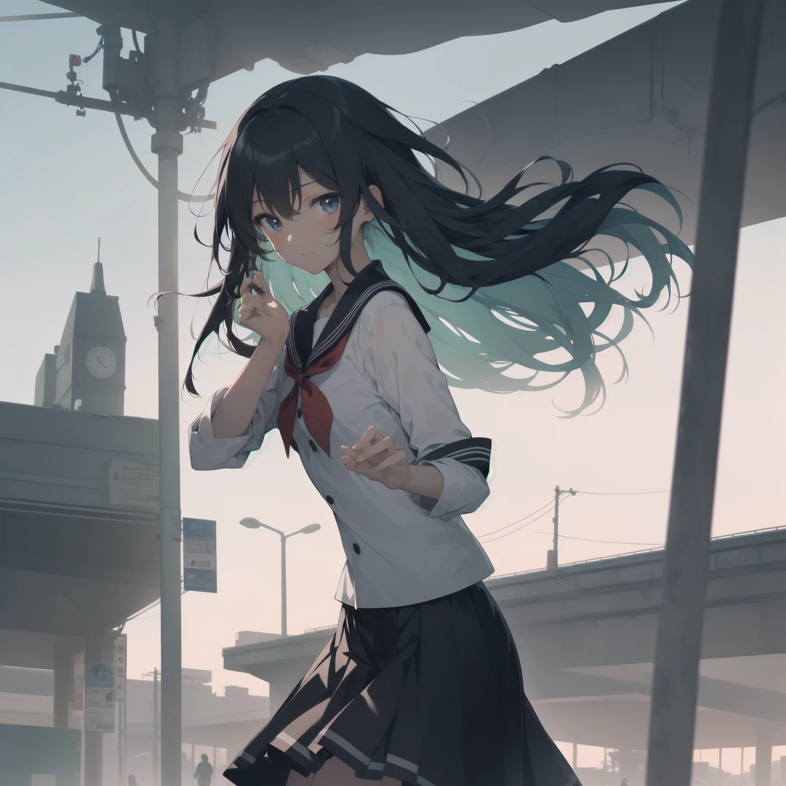 ultra-absurdres-Top quality by artist God, ultra-detailed, high resolution, anime moe artstyle, best anime 8k konachan wallpaper, pixiv contest winner, pool:2810, perfect anatomy,break, 1girl, (Please draw a girl walking sleepily to school alone. )break,(Solo,little female, 13-year-old:1.3),Full limbs, complete fingers,a junior high school student, (very short hair), short cut, flat chest, , small butt, small black eyes, beautiful detailed eyes, well-proportioned iris and pupils, expressive eyes, highres detailed hair, soft expression, salor school_uniform, sailor collar, serahuku, bow, pleated skirt,(Detailed Lighting), (Detailed background), in the School commute route. break,super detailed skin, Best cinematic lighting powered by famous artist, 8k,beauty illustration,photoshop_(medium),very aesthetic,break,((artist:mizuki_makoto )), artist:clamp ,artist:carnelian ,artist:kantoku ,