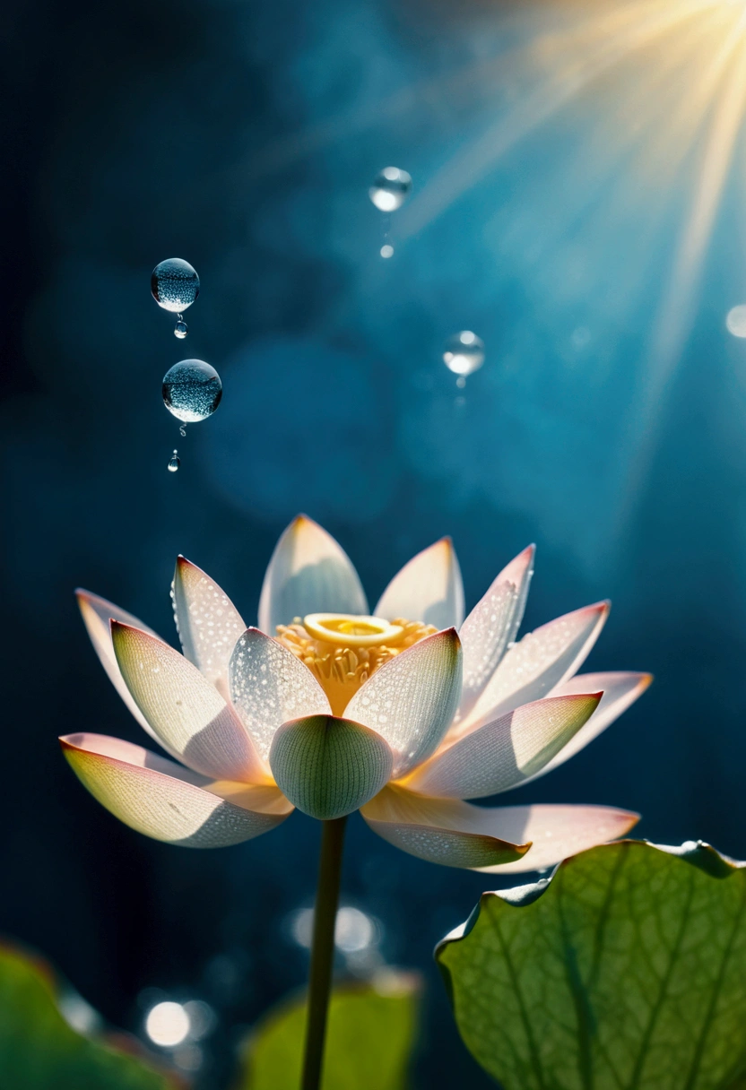 microcosm , Masterpiece , macro photography , cobweb, filmgrain, Bokeh , Smoke , Highly detailed, Sunny Sunny weather, Microflower, The drops, bblurry, Close-up of 1 realistic lotus room:1.5, Azure background, subdued contrasts, rendering by octane , illusory engine