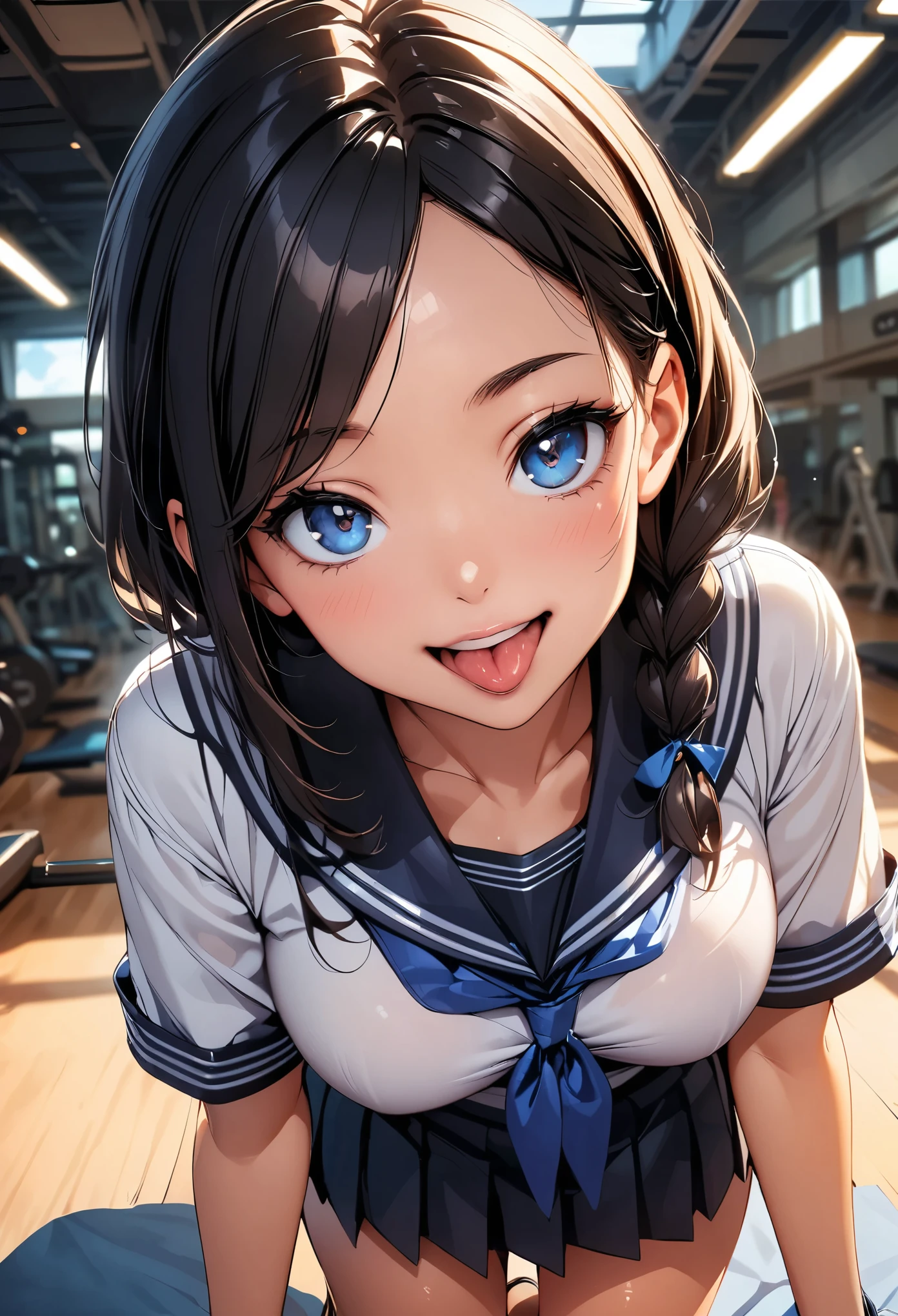 (Highest quality:1.2, Very detailed, Digital illustration, High Detail, masterpiece:1.2, Highest quality, Best aesthetics), (((1 Girl))), JK, Sailor suit, Pleated skirt, Open your mouth:1.2, Showing tongue, smile, (Black Hair, Braid), Dynamic Angle, Friendly atmosphere, Beautiful Hair, Shiny Hair, Beautiful Skin, Detailed face and eyes, Glossy Lips, Curvy Women, On all fours:1.2, gym, Looking up, Accurate fingering, Light and shadow with attention to detail, Background Blur.
