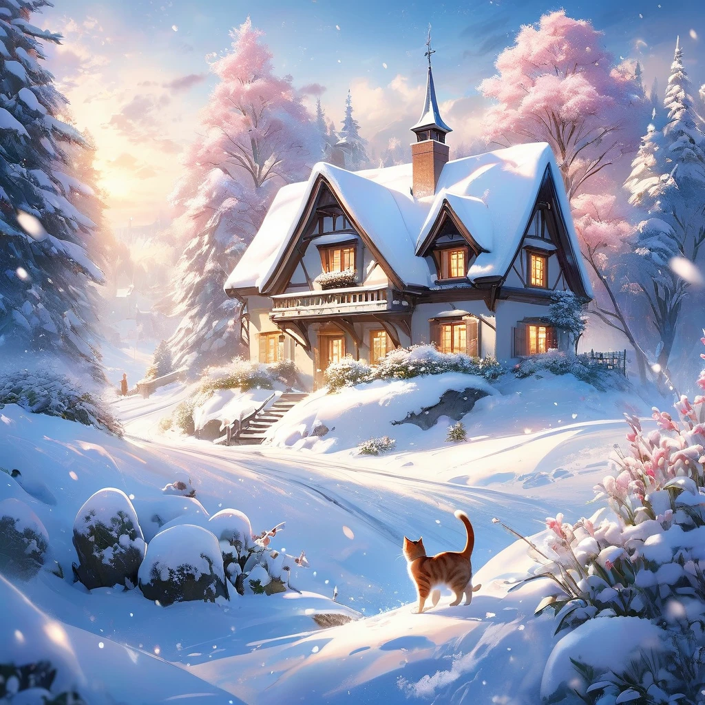 Snow Scene，snow，Cat（（（Romantic atmosphere）））（（（fairy tale elements）））（（（masterpiece）））， （（best quality））