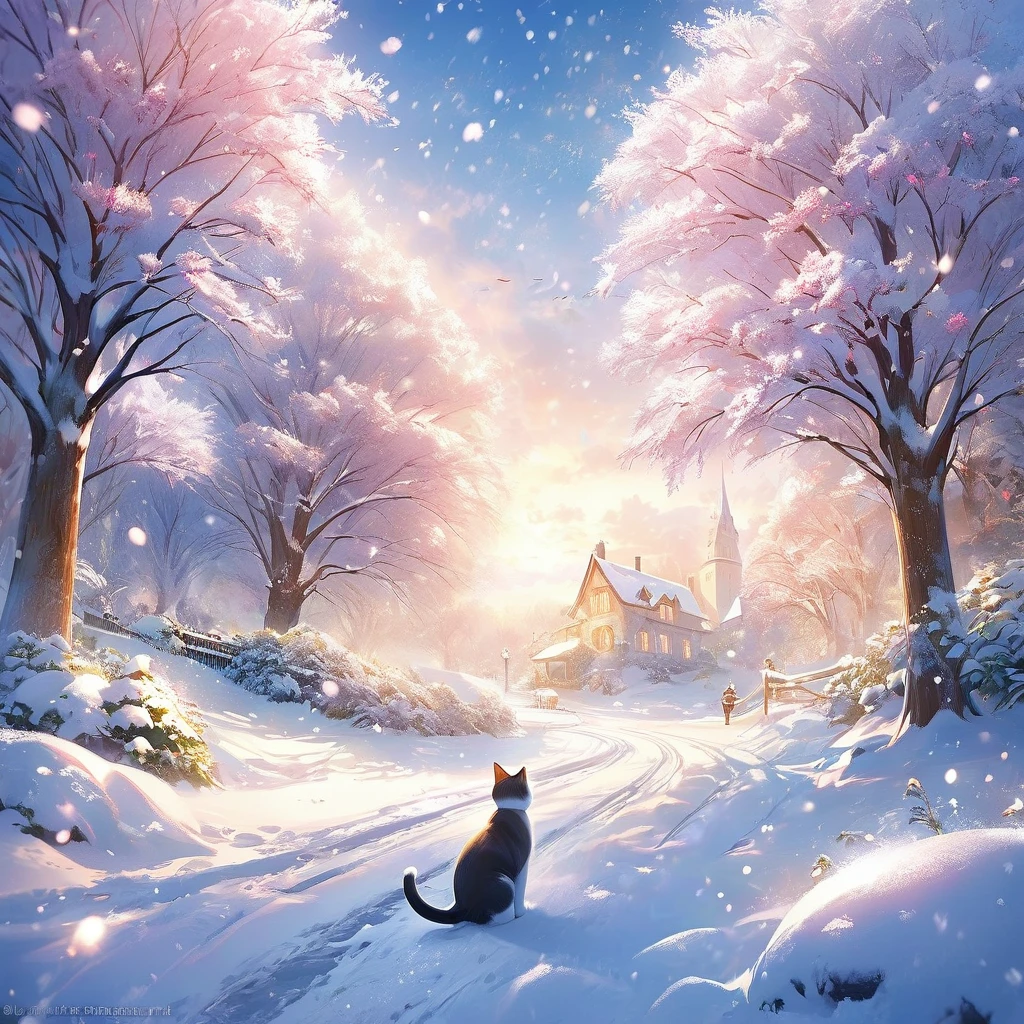 Snow Scene,snow,Cat(((Romantic atmosphere)))(((fairy tale elements)))(((masterpiece))), ((best quality))