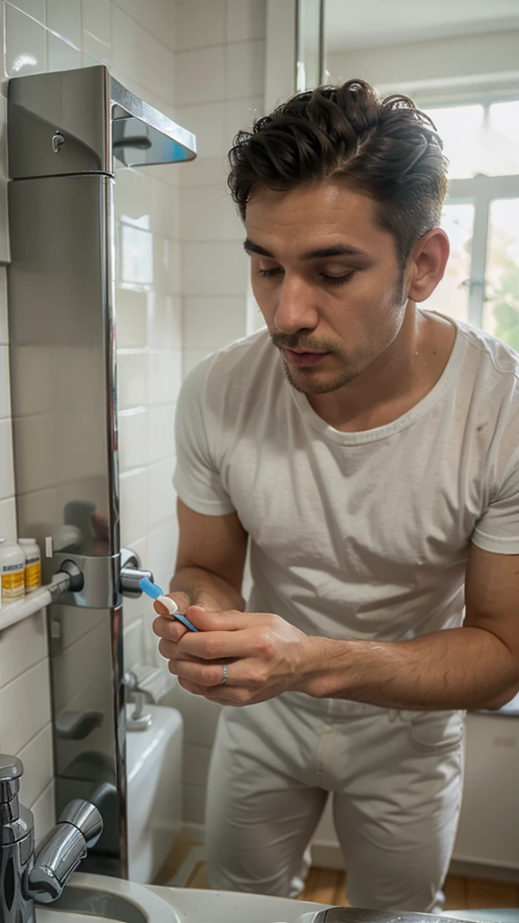 perfect detailed, man plumber, drinking water, view on the sink