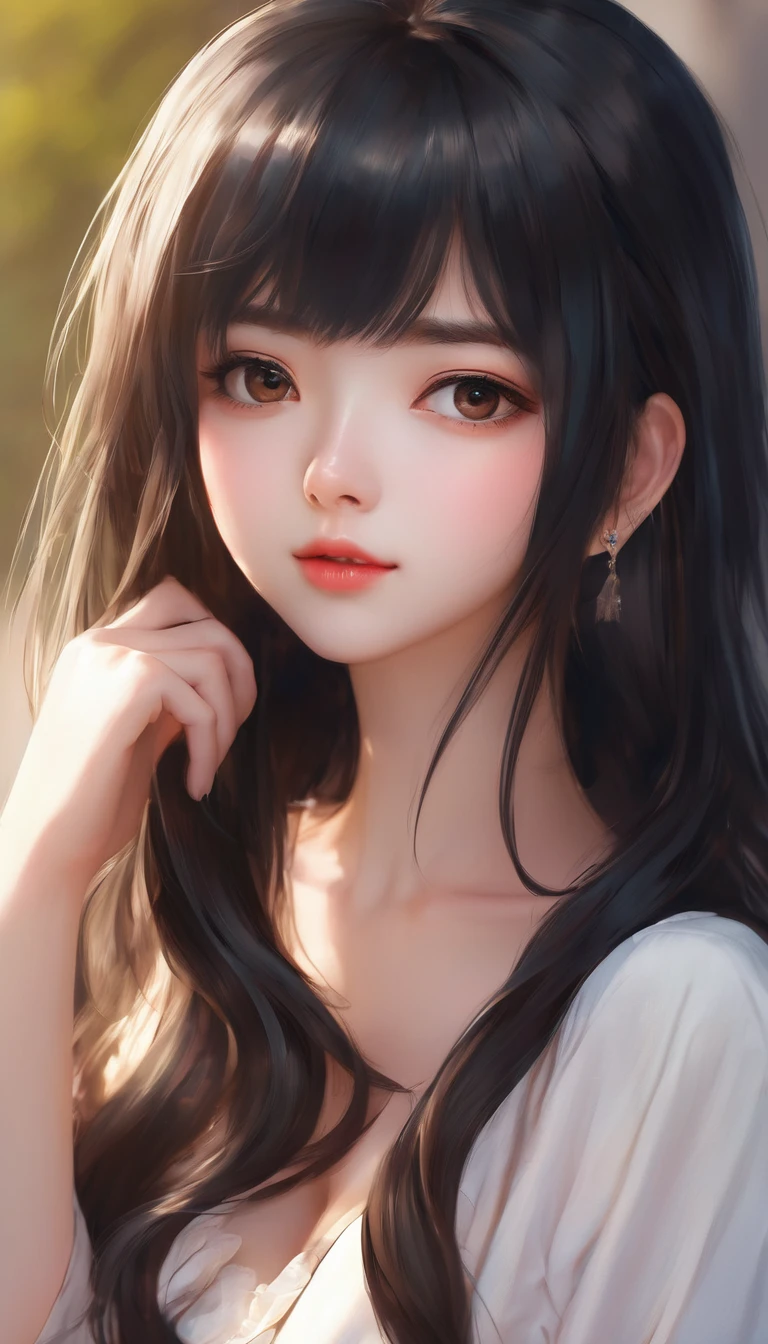 (masterpiece, Highest quality:1.2), One girl, alone, 20-year-old, Healthy Body, Medium Long Hair, Black Hair, Big black eyes, With bangs, Asian, Real CG