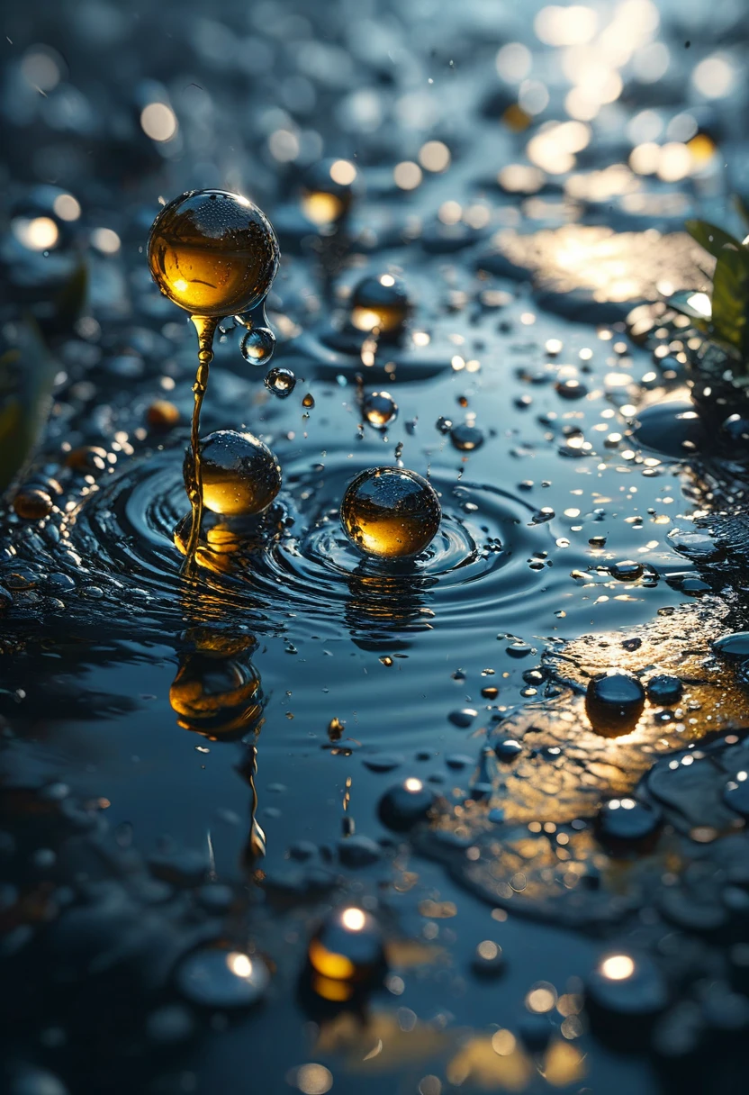 masterpiece, best quality, 8k, professional , by famous artist , trending on artstation, intricated details, detailed, realsitic, boekh , photorealistic, dark shadows, natural light, dramatic, source realistic, Tiny drops of oil or ink suspended in water