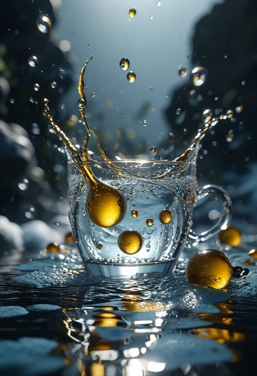 masterpiece, best quality, 8k, professional , by famous artist , trending on artstation, intricated details, detailed, realsitic, boekh , photorealistic, dark shadows, natural light, dramatic, source realistic, Tiny drops of oil or ink suspended in water
