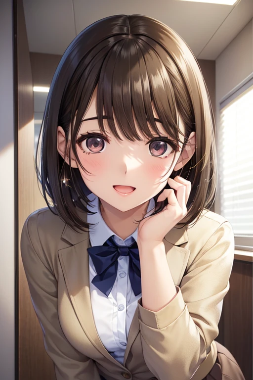 anegasaki nene、Shiny brown hair, short hair, (Beautiful brown eyes、Sparkling eyes, Fine grain)、smile、Ultra-detailed eyes、Highly detailed face, Highly detailed eyes,

Put your hand on your chin, masterpiece、Highest quality、 amount, 25-year-old woman.、
wearing a beige suit、Wearing a beige skirt、I can see your thighs、shy, Open your mouth, Are standing、The background is the office、Bold composition、The upper body is shown、alone、Face close-up