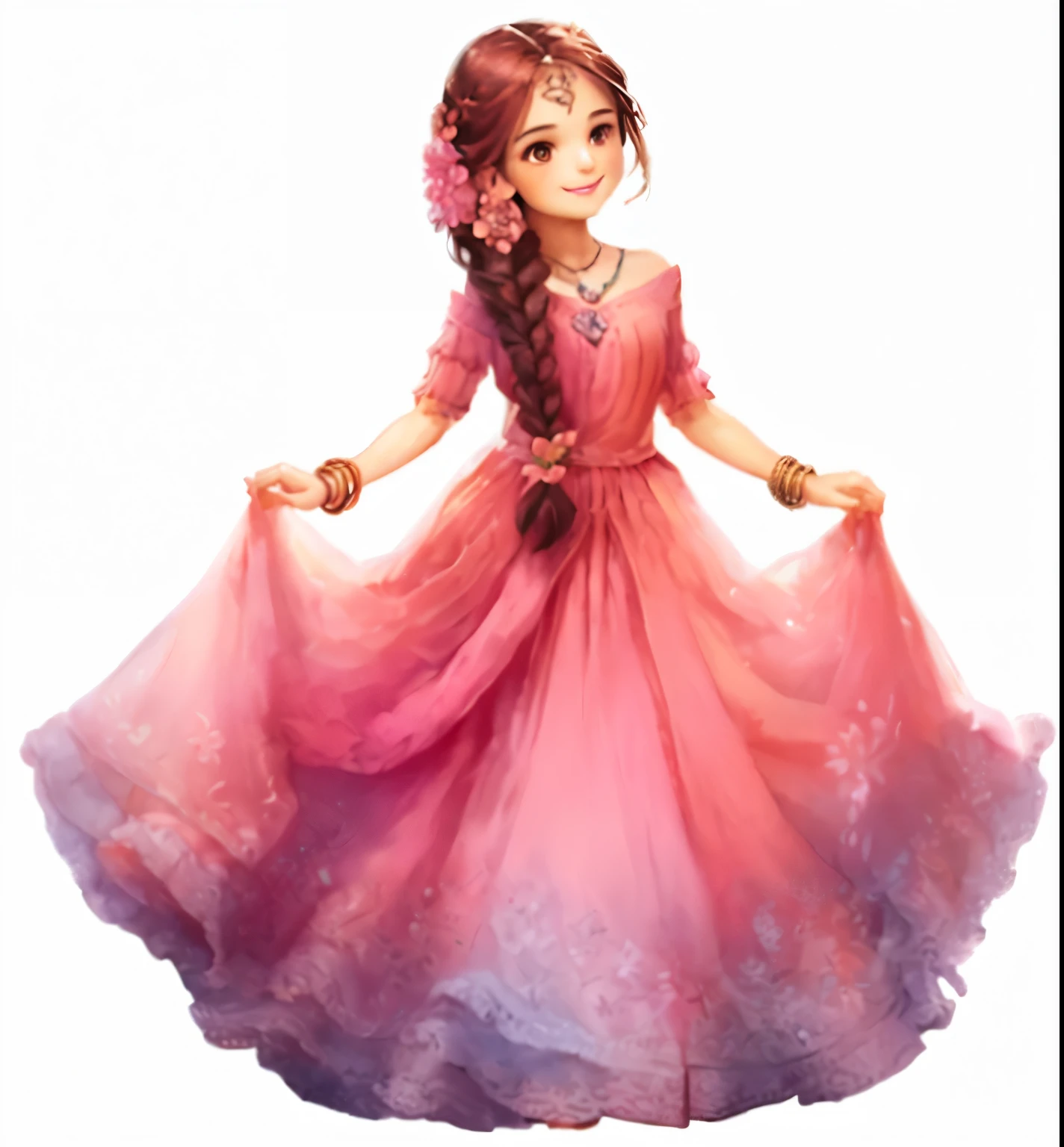 1girl, solo, jewelry, dress, flower, transparent_background, braid, hair_flower, hair_ornament, bracelet, skirt_hold, smile, long_hair, full_body, pink_dress, brown_hair, necklace, single_braid, brown_eyes, hair_over_shoulder