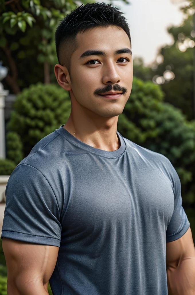Masterpiece, best quality, high resolution, realistic, handsome, Take beautiful photos, Sayk, NRF, Photo of the 35 year old gym association (The man has a thin mustache.:1.2) Portrait, standing in the garden , make military media, weight, Amazing , Buzzcut short hair,stubble head , (Hyper Muscle),looking at the audience, Flirt with the camera, charming, (Tight navy blue workout shirt. ),(GS-Male:1), 8K,Bokeh,Portrait,look at the viewer,
