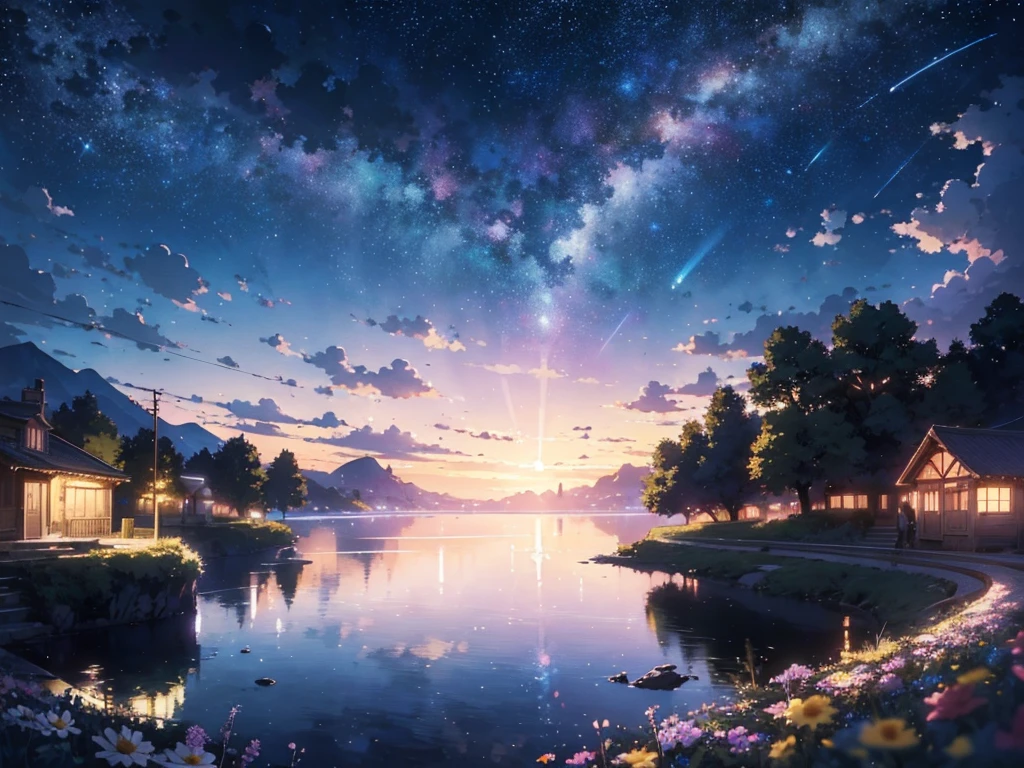 masterpiece, Concept Art, Panorama, figure, Wide Shot, One girl, Are standing, cliff, Flower Field, night, (Meteors), Space galaxy background, (A magnificent composition, Epic proportions), Dynamic Lighting, 鮮やかなcolor, makoto shinkai, Your name is inspiration, High quality , landscape, Animated train passing through water on the tracks, Bright starry sky. break Romantic train, Pixiv, Concept Art, Lofi Art style, reflection. by Makoto Shinkai, Lofi Art, Beautiful anime scene, break Anime landscape, detailedなlandscape, in Makoto Shinkai's Style, Makoto Shinkai's Style, 強化されたdetailed, break,detailed,Realistic,4K の非常にdetailedなデジタルアート,Octane Rendering, Bioluminescent, break 8K resolution Concept Art, realism,Mappa Studio,masterpiece,Highest quality,Official Art,figure,Clear lines,(nice_color),Perfect composition,Absurd, Fantasy,Concentration