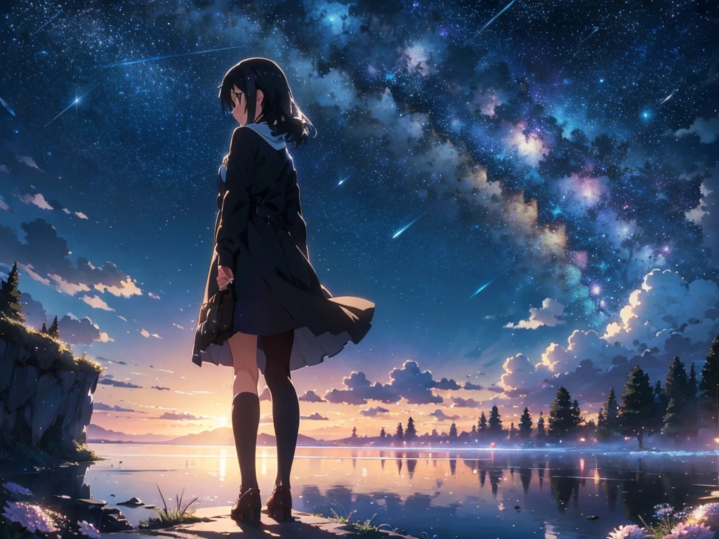 masterpiece, Concept Art, Panorama, figure, Wide Shot, One girl, Are standing, cliff, Flower Field, night, (Meteors), Space galaxy background, (A magnificent composition, Epic proportions), Dynamic Lighting, 鮮やかなcolor, makoto shinkai, Your name is inspiration, High quality , landscape, Animated train passing through water on the tracks, Bright starry sky. break Romantic train, Pixiv, Concept Art, Lofi Art style, reflection. by Makoto Shinkai, Lofi Art, Beautiful anime scene, break Anime landscape, detailedなlandscape, in Makoto Shinkai&#39;s Style, Makoto Shinkai&#39;s Style, 強化されたdetailed, break,detailed,Realistic,4K の非常にdetailedなデジタルアート,Octane Rendering, Bioluminescent, break 8K resolution Concept Art, realism,Mappa Studio,masterpiece,Highest quality,Official Art,figure,Clear lines,(nice_color),Perfect composition,Absurd, Fantasy,Concentration