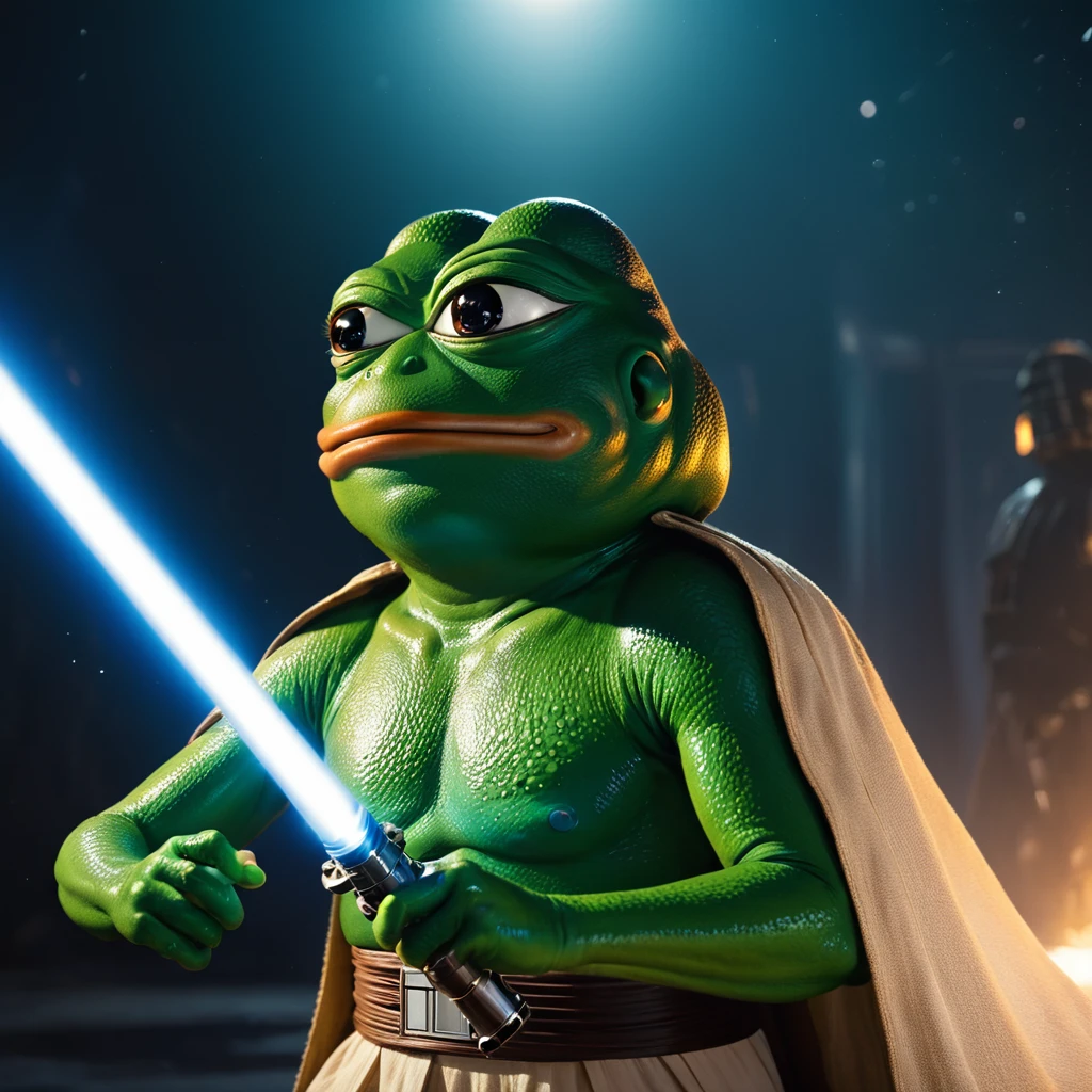a pepe frog boy hero in star wars, holding a lightsaber, highly detailed, 8k, photorealistic, cinematic lighting, dramatic poses, dynamic action scene, vibrant colors, sleek sci-fi design, intricate mechanical details, (((pepepals_frog))), 1 boy 