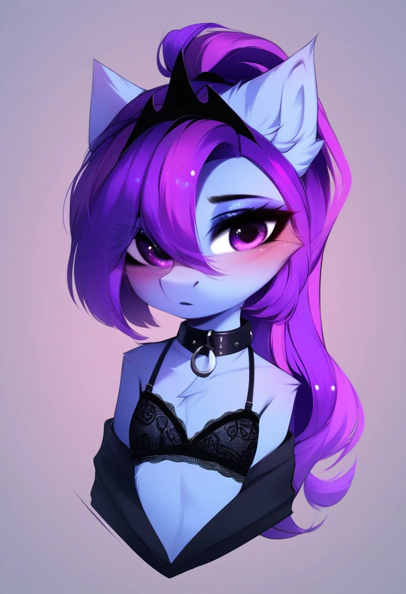 check_9, check_8_up, check_7_up, source_fluffy, rating_safe, from Magnaluna, Luna poses seductively in a gothic bedroom, antro, blushing, blue body, purple mane, black lingerie