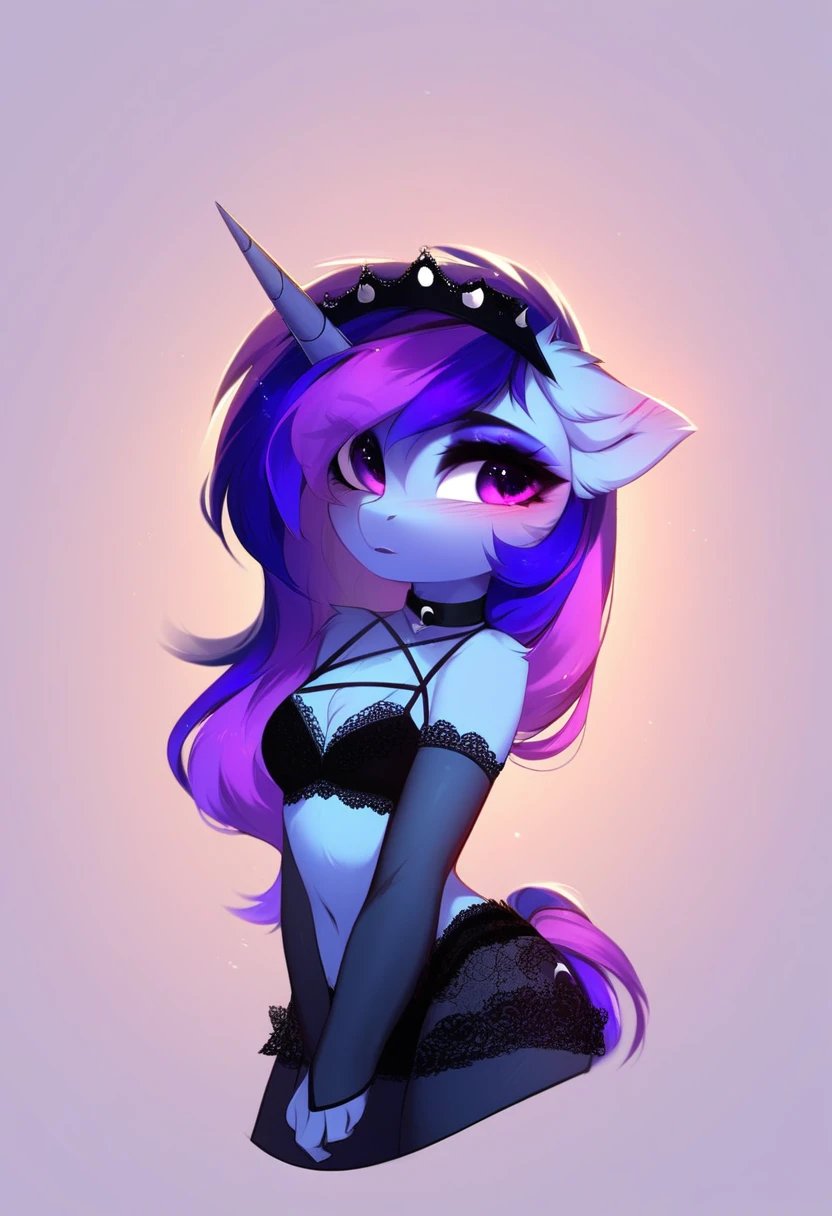 check_9, check_8_up, check_7_up, source_fluffy, rating_safe, from Magnaluna, Luna poses seductively in a gothic bedroom, antro, blushing, blue body, purple mane, black lingerie