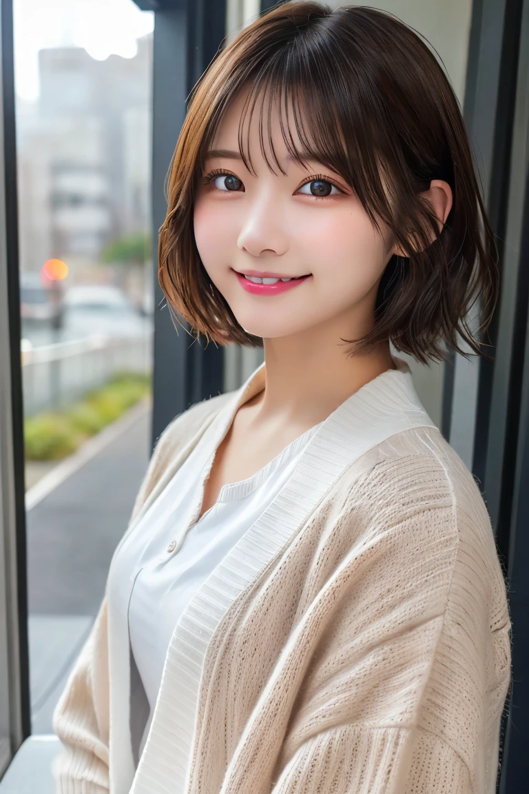 Highest quality, (beautiful)、Super delicate eyes、Brown eyes、22-year-old female、Brown Hair、smile、looking at the camera、Semi-short hair、Gal、cardigan