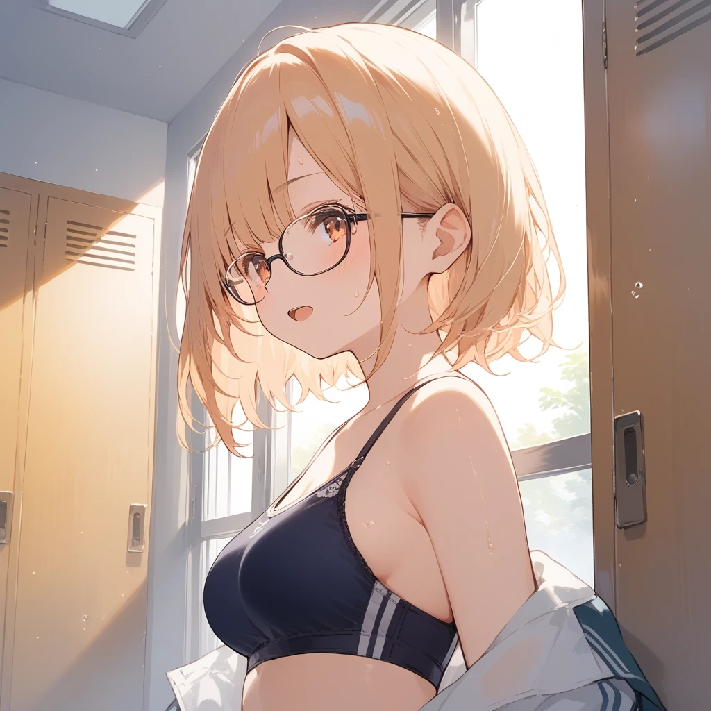 score_9, score_8_up, score_7_up, source_anime, best quality, masterpiece, official art, absurdres, highres, ultra-detailed,waifu2x,Collection: Slice of Life,break,1girl, uniform, underwear, bra, short hair,glasses, medium breasts, beautiful detailed eyes, sweat, open mouth, dressing, (yawn:0.3), sleepily, indoors, school locker room, break,(clear line illustration:1.2), super detailed skin,very high resolution, very aesthetic, Best sexual lighting powered by famous artist, 8k,cute picture,beauty illustration,photoshop_(medium),,(Detailed Lighting),best anime 8k konachan wallpaper, pixiv contest winner,