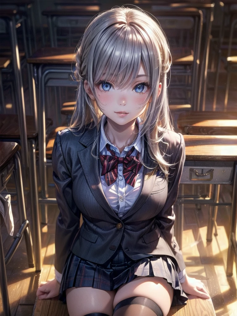 (masterpiece:1.3, Highest quality, Ultra-high resolution, Super detailed), (Realistic, photoRealistic:1.4), Beautiful illustrations, Perfect lighting, Natural light, Depth of written boundary, , Beautiful detailed hair, Beautifully detailed face, Beautiful attention to detail, Beautiful clavicle, Beautiful body, Beautiful breasts, Beautiful thighs, Beautiful feet, Beautiful Hands, View your viewers, (Face Focus), 1 Girl, high school girl, Alisa Kujou, (Perfect Anatomy, Anatomically correct), Cute and symmetrical face, Baby Face, Perfect Face, Perfect Eyes, Shiny skin, (Long Hair, Straight hair, Sideburns, Silver Hair), Crossed bangs, Ahoge, blue eyes, Slanted Eyes, Long eyelashes, (Medium chest, Captivating thighs), thin, Excellent style, (school uniform, Long sleeve light brown blazer, Grey vest, Grey pleated skirt with white lines, White collared shirt, White thigh-high socks with gold lines), Red bow tie, (Beautiful views), evening, (School classroom:1.2), (Cute smile, Part your lips),