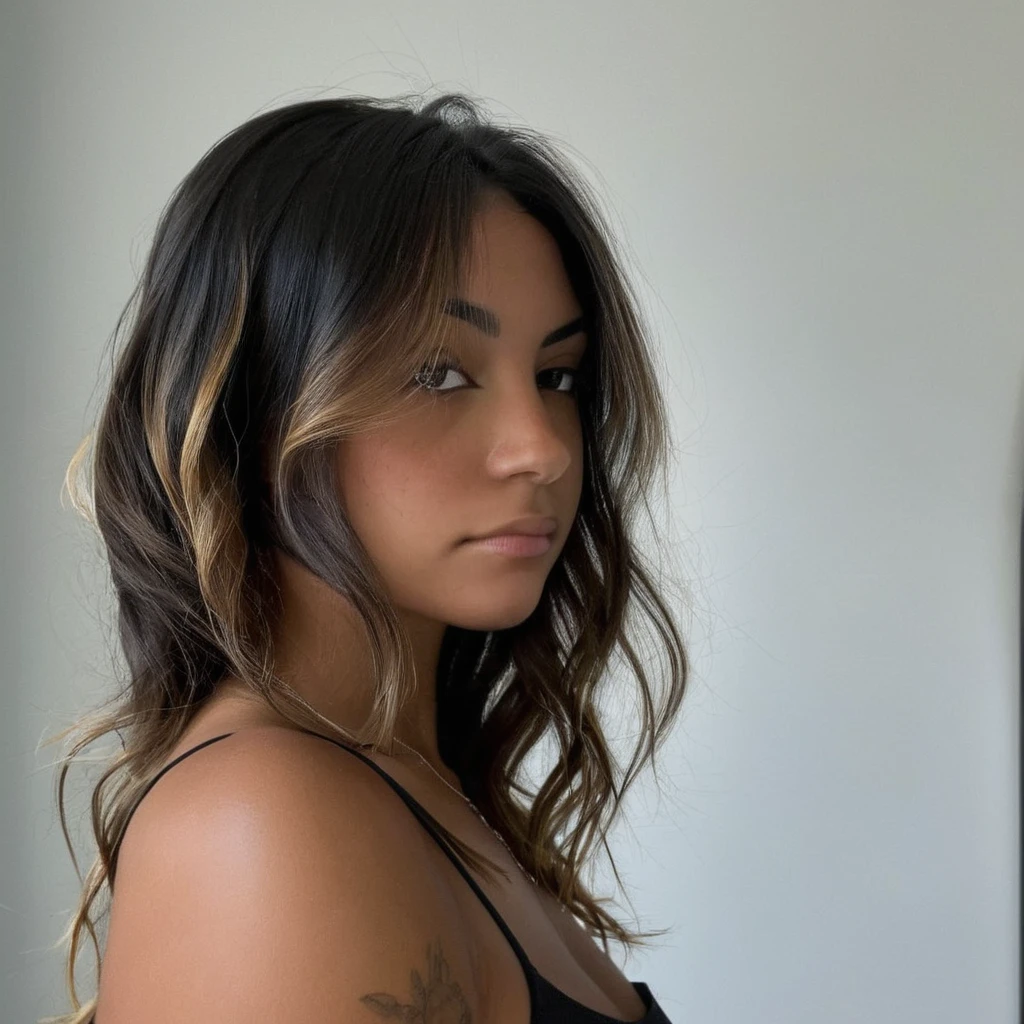 Un portrait photoréaliste d'une jeune fille colombienne de 21 ans avec de courts cheveux noirs et fluides et des yeux noisette et saisissants. Elle doit avoir une expression naturelle. L'arrière-plan doit être un cadre intérieur, peut-être une chambre ou un salon. Capturez cette image avec une photographie en haute résolution utilisant un objectif de 85 mm pour une perspective flatteuse.