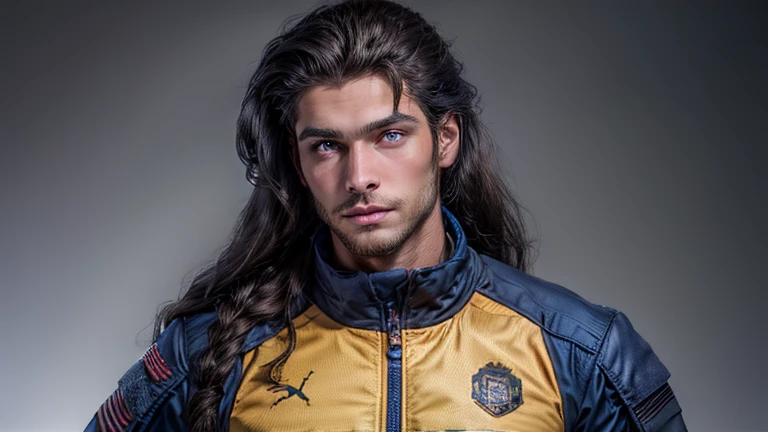 full-length man with long hair and blue eyes, in a tactical suit, digital art by Bernardino Mei, Tumblr, digital art, beautiful stunning realistic, handsome man, Attractive man, wonderful dark hair, handsome male face, handsome young man, Long dark hair, with long hair and piercing eyes, shoulder length black hair, Beautiful face, young with long hair, perfect Beautiful face, low long ponytail