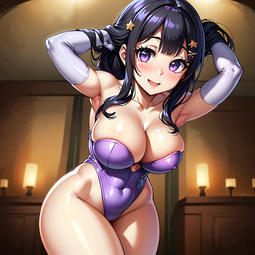 (masterpiece)、(Best image quality)、(Very detailed)、(Very detailed)、4K、(8K)、Best image quality、(beautiful)、
More about Campbell, 1 Girl, star hair ornaments, hair ornaments, Black Hair, Long Hair, gloves, Leotard Purple Leotard, White leotard, A tight leotard、Huge breasts、Thick thighs、,A light smile、Dynamic Angle、Noise Reduction、Place your hands behind your head、Emphasis on the crotch、Breast Augmentation
