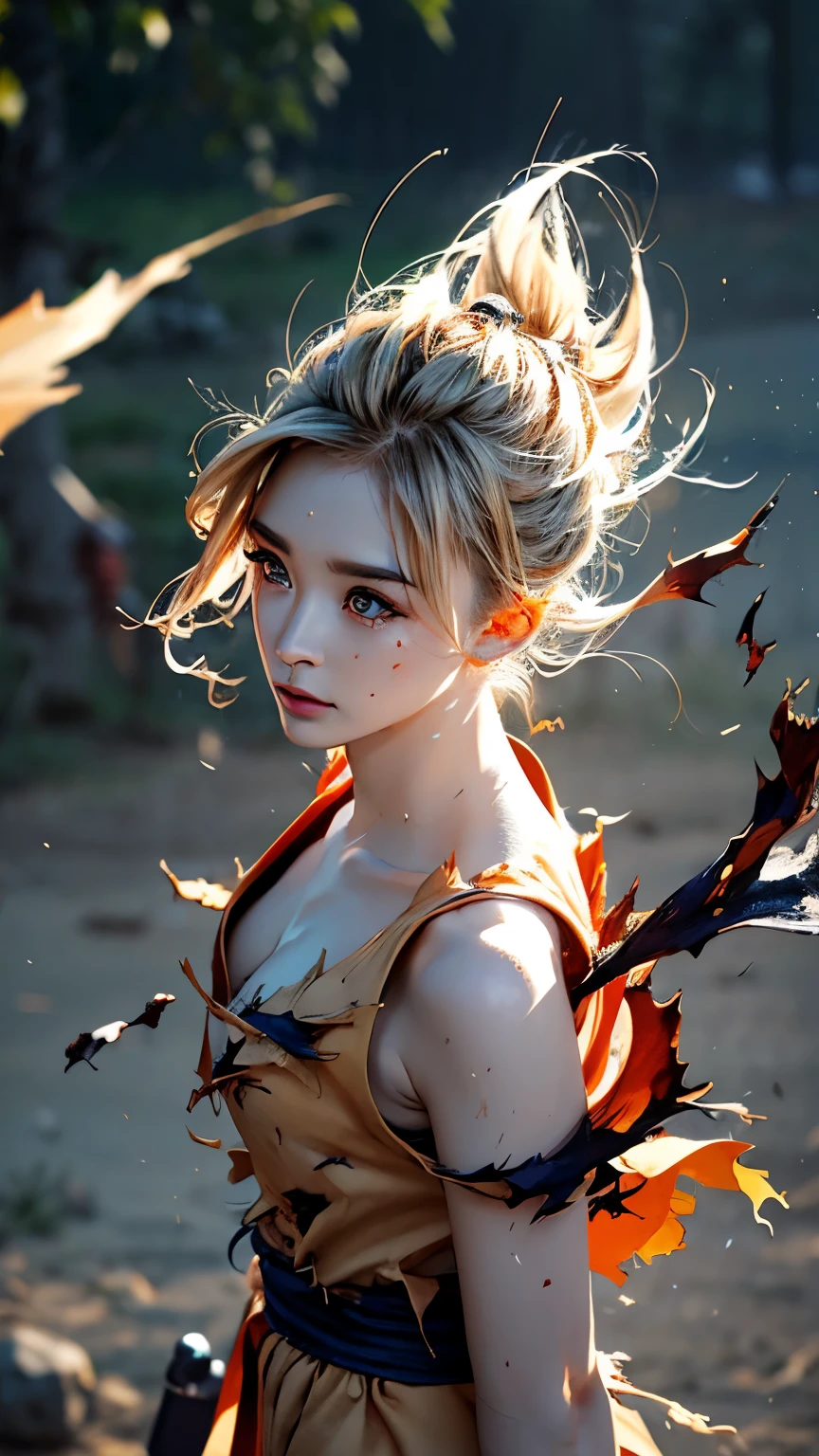 Super Saiyan Girl、masterpiece、high quality、High resolution、Realistic、professional lighting、Japanese、woman、cute、babyface、highly detailed beautiful face and eyes、green eyes、young、White skin、Blonde、Spiky Hair、fighter、athletic、(((whole bodyから金色のオーラが出ている)))、Son Goku's costume、torn clothes、Flying clothes、filthy、Muddy、Kumite、damage、whole body、Anatomically correct、Biologically correct、wasteland