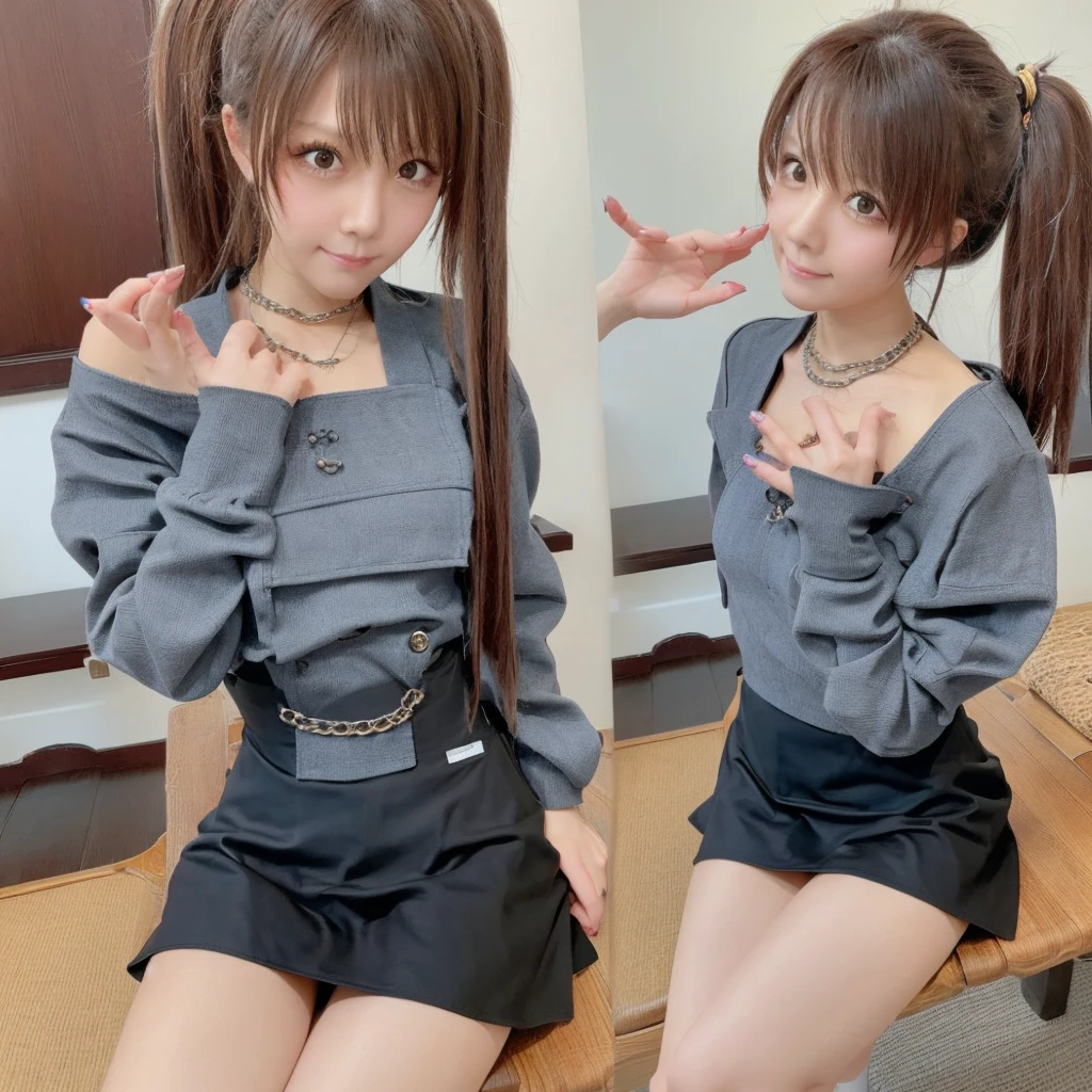 ((Highest quality)), ((masterpiece)), (detailed), 40 years old,Bun Hair Hands in chains Japanese women Black bra Tight Skirt potbelly Blindfold gag Cuckold Rope on chest Panty shot Leg spread Full Head Mask