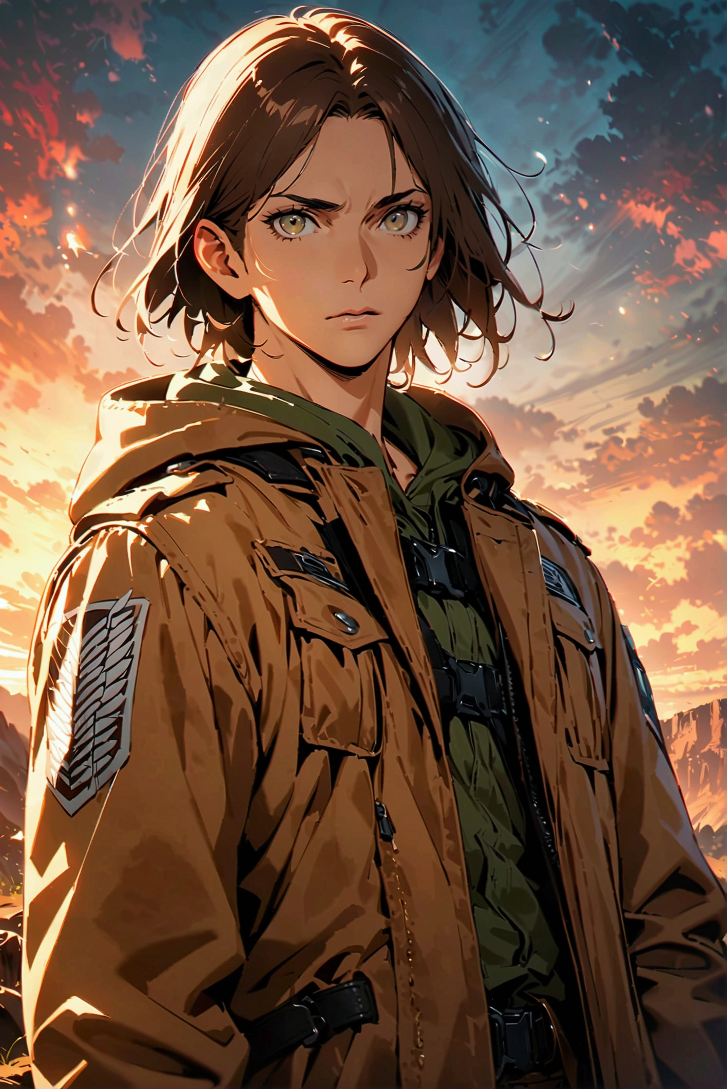 One man with long brown hair,(Ellen Yeager)Ellen Yeager,Attack on Titan,Wearing a long parka,Wide range of colors,artwork,rendering,(masterpiece:1.3),(Highest quality:1.4),(Very detailedな:1.5),High resolution,Very detailed,unity 8k wallpaper,Decadent,Achieve smooth design