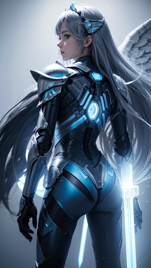 Machine Angel, A woman holding a glowing sword and robotic wings on her back floats above the city, Detailed depiction of pretty faces, Light color flowing long hair，blue eyes, White and blue high-tech retro armor, neon light decoration,Angel ring on head, Just finished fighting the enemy, Blood, 8K, HDR, whole body照，Surreal work, Detailed works, High-tech combat armor, White and blue machine armor with stylized design, neon lighting , alone , whole body, hyper-realistic, Super detailed photos, realism style,