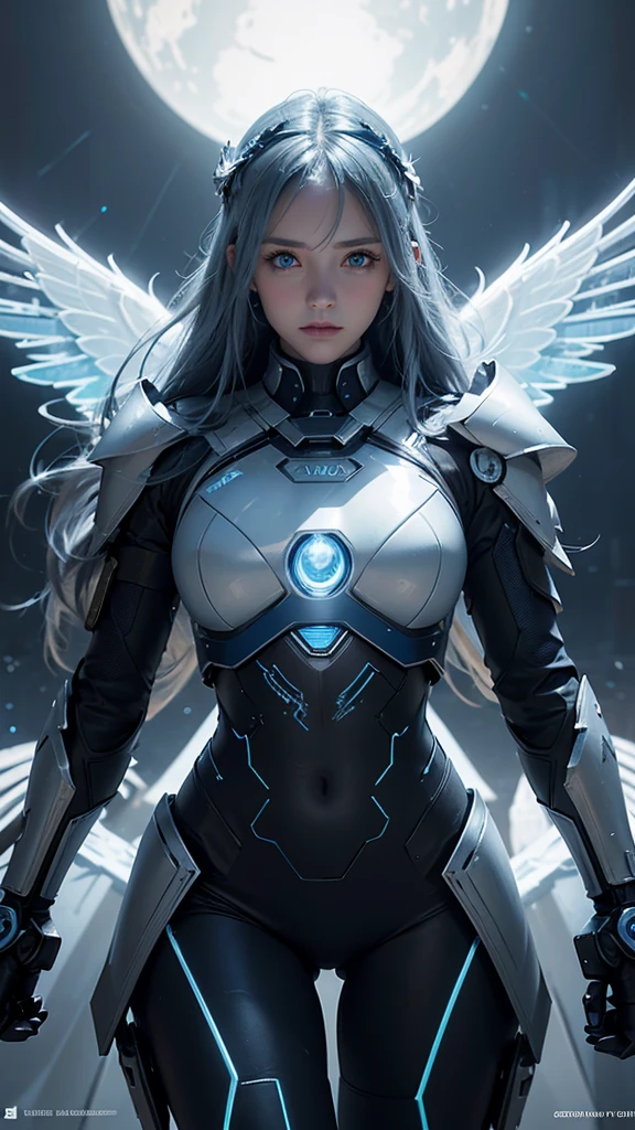 Machine Angel, A woman holding a glowing sword and robotic wings on her back floats above the city, Detailed depiction of pretty faces, Light color flowing long hair,blue eyes, White and blue high-tech retro armor, neon light decoration,Angel ring on head, Just finished fighting the enemy, Blood, 8K, HDR, whole body照,Surreal work, Detailed works, High-tech combat armor, White and blue machine armor with stylized design, neon lighting , alone , whole body, hyper-realistic, Super detailed photos, realism style,
