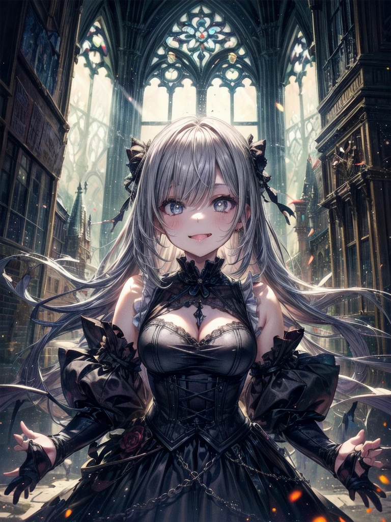 One girl, masterpiece, View your viewers, illumination, Particles of light, Gray Hair, Torn clothing, crazy, Yandere, Psychopathic, crazy expression, Licking lips, The pupils constrict, crazy smile, crazy eyes, Conceit, Gothic architecture, Big window behind the girl, A charming Western alley、Gothic architecture、Western architecture、Fantasy World、