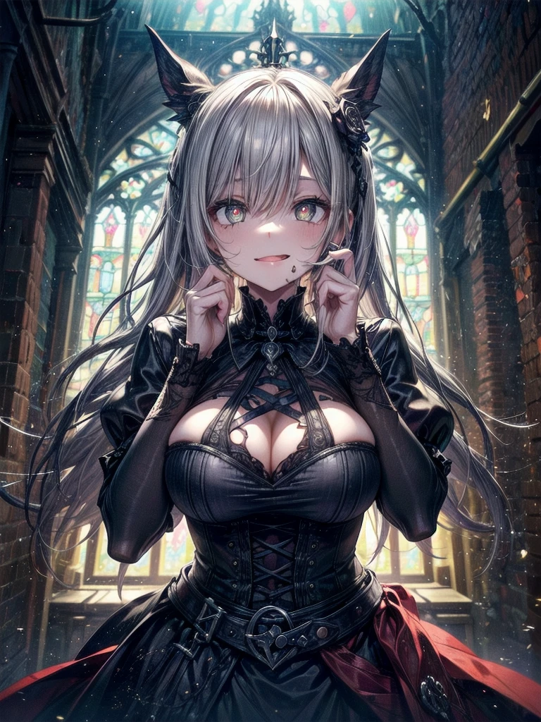 One girl, masterpiece, View your viewers, illumination, Particles of light, Gray Hair, Torn clothing, crazy, Yandere, Psychopathic, crazy expression, Licking lips, The pupils constrict, crazy smile, crazy eyes, Conceit, Gothic architecture, Big window behind the girl, A charming Western alley、Gothic architecture、Western architecture、Fantasy World、