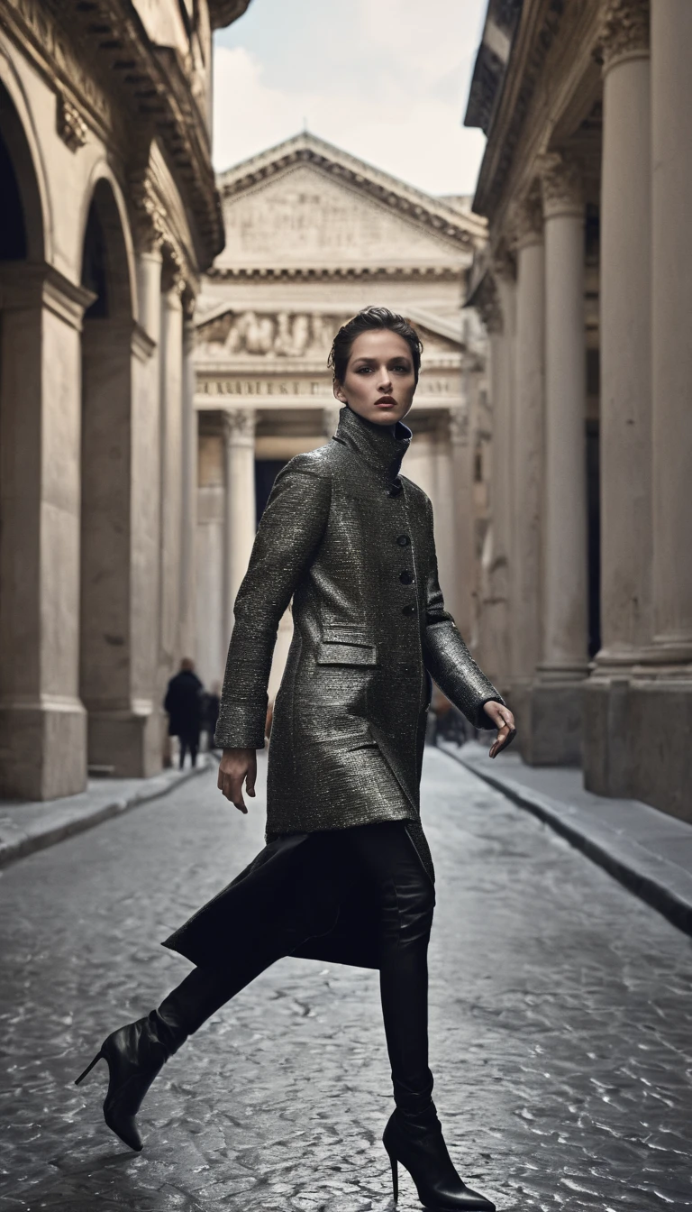 Pantheon exterior, fashion photoshoot, 1girl, high fashion, photographed by Peter Lindbergh, ultra high definition, realistic, perfect hands, full body shot, full color, dynamic angle, dynamic pose
