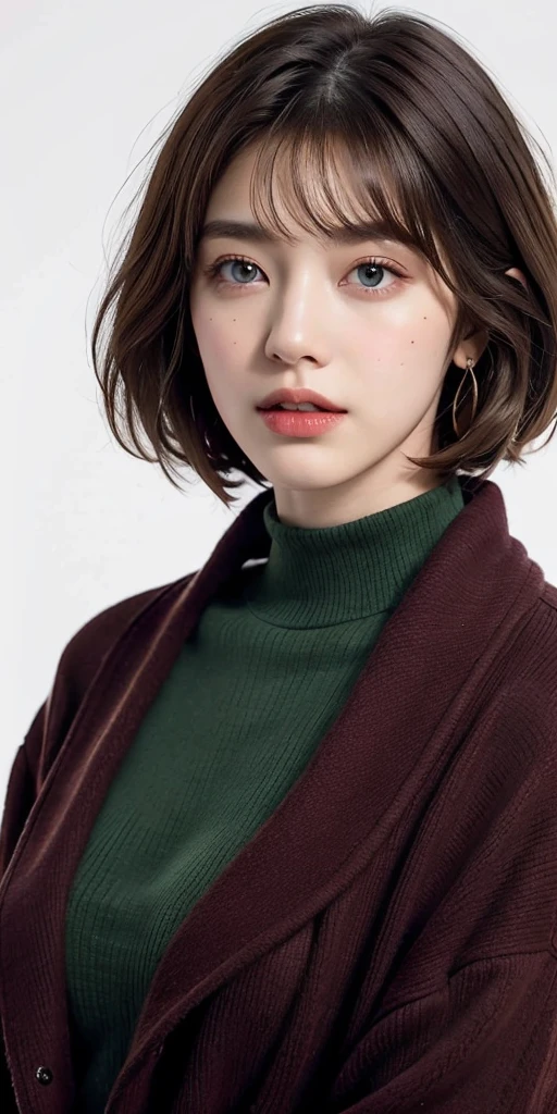 Girl, brown hair, bob haircut, with bangs, purple snow jacket with green sweater inside, hands crossed, slightly serious expression, big eyes, white gloves, blue eyes,professional, cinema, studio