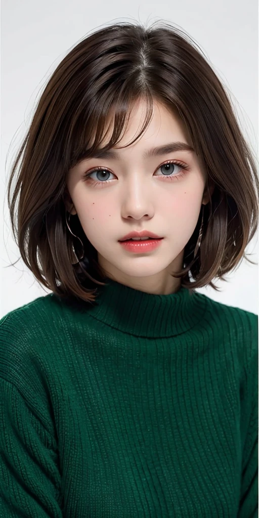 Girl, brown hair, bob haircut, with bangs, purple snow jacket with green sweater inside, hands crossed, slightly serious expression, big eyes, white gloves, blue eyes,professional, cinema, studio
