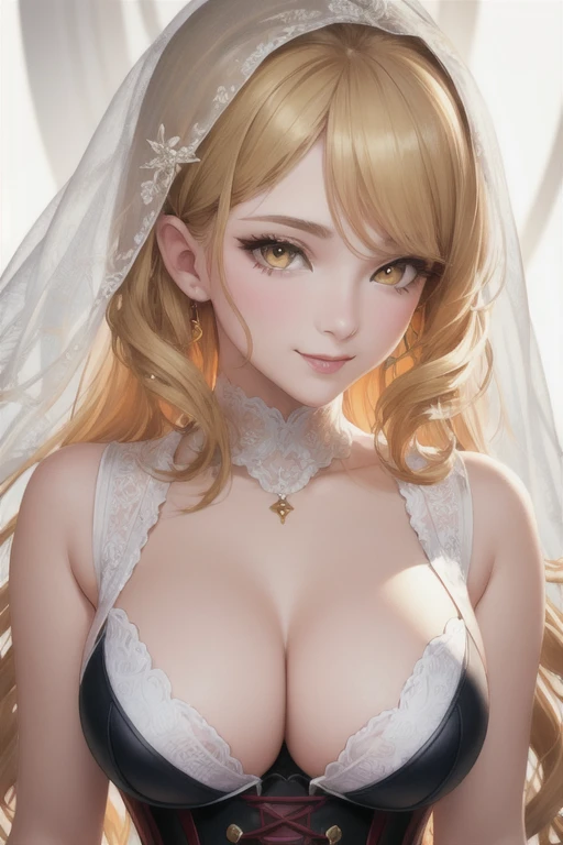 girl,Character design sheet,Beautiful attention to detail,Beautiful lip detail,Highly detailed eyes and face,Long eyelashes, Like an oil painting, art, Super detailed,Professional,Vibrant colors,Portraiture,Studio Lighting,Sharp focus,Physically Based Rendering,High resolution,超High resolution. Yellow Eyes, Curly hair,Shining blonde,smile,Fluttering Hair、Lavish decoration、Veil、Large Breasts、Narrow waist,corset