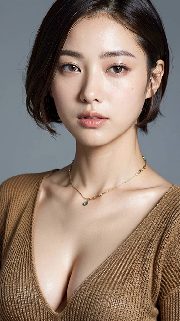 (Highest quality, 8K, 32k, masterpiece, Ultra-high resolution:1.2),Beautiful Japanese Women Photos, Large , Very short bob hair,Upper Body,Face Focus,Extra Large_sweater, necklace, Simple Background, From above, View your viewers,Colorful hair colors