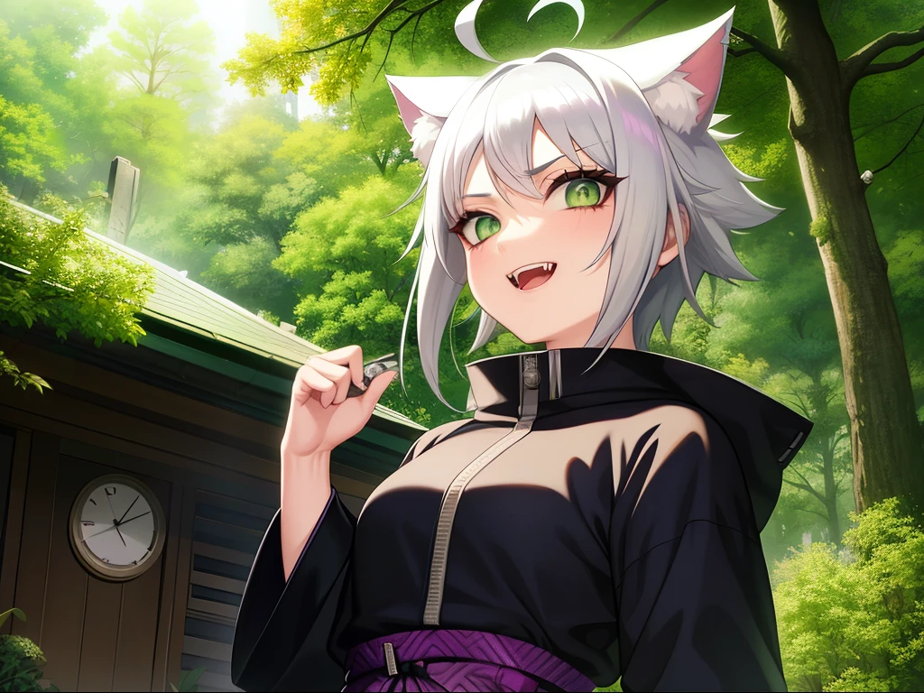 SFW, ultra 4k hd, absurdres, anime, naruto, white hair, lavender hair, gray hair, silver hair, neko, green eyes, ninja, short hair, chubby, medium breasts, messy hair, gray hair, cat ears, catgirl, nekomimi, cat tail, forehead protector, kunoichi, hair between eyes, silver hair, anime style, fullbody, eye scar, smiling, fangs, 1girl, naruto shippuden, solo, baggy clothes, alone, forest, village, akatsuki, leaf village, konoha, 1fang, cloak, fishnets, v bangs, bangs, fluffy, dark clothes, purple clothes, clothing design, ninja fashion, light eyes, scar over eye, light green eyes, scars, SFW, ultra 4k hd, absurdres, anime, naruto, white hair, lavender hair, gray hair, silver hair, neko, green eyes, ninja, short hair, chubby, medium breasts, messy hair, gray hair, cat ears, catgirl, nekomimi, cat tail, forehead protector, kunoichi, hair between eyes, silver hair, anime style, fullbody, eye scar, fangs, 1girl, naruto shippuden, solo, baggy clothes, alone, forest, village, 1fang, cloak, fishnets, v bangs, bangs, fluffy, dark clothes, purple clothes, clothing design, ninja fashion, light eyes, scar over eye, light green eyes, scars, hood, hood down, hood off, ((best quality:1), (masterpiece:1), (ultra-detailed:1):1.3), cinematic lighting, detailed background, detailed, absurd detail, ahoge, half updo hairstyle, dynamic lighting, (detailed background:1), sidetails, long side locks, SFW, ultra 4k hd, absurdres, anime, naruto, white hair, lavender hair, gray hair, silver hair, neko, green eyes, ninja, short hair, chubby, medium breasts, messy hair, gray hair, cat ears, catgirl, nekomimi, cat tail, forehead protector, kunoichi, hair between eyes, silver hair, anime style, fullbody, eye scar, fangs, 1girl, naruto shippuden, solo, baggy clothes, alone, forest, village, 1fang, cloak, fishnets, v bangs, bangs, fluffy, dark clothes, purple clothes, clothing design, ninja fashion, light eyes, scar over eye, light green eyes, scars, hood, hood down, hood off, ((best quality:1)